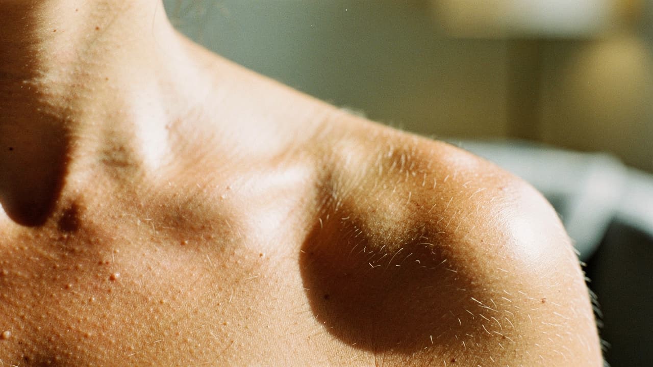 A close-up of a person's shoulder and collarbone in natural light, showing skin texture and fine hairs.