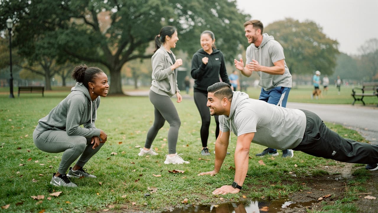 Five people in athletic wear exercise and laugh together in a grassy park area with trees in the background.