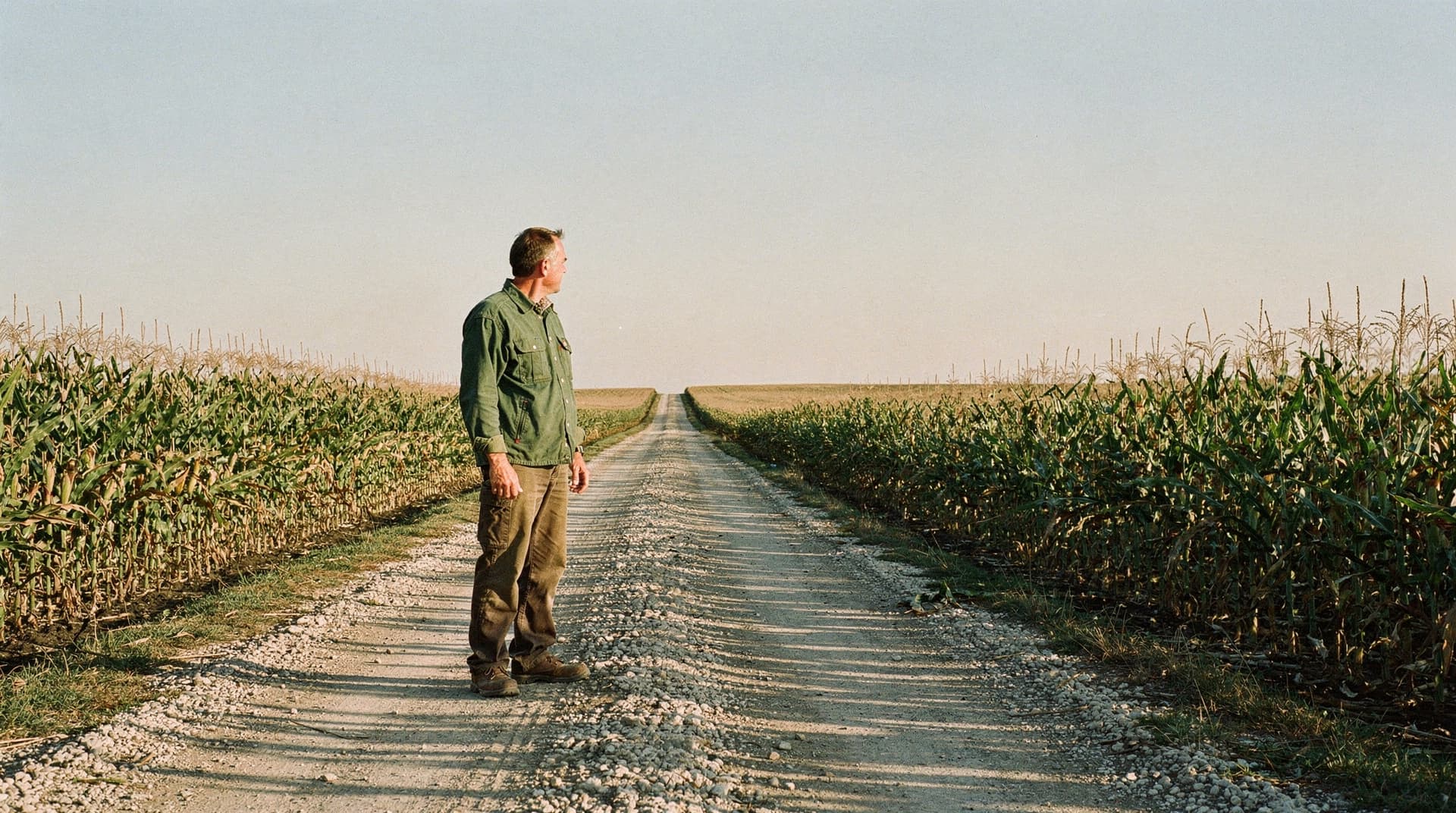 A man stands on a gravel road between cornfields, looking into the distance under a clear sky.