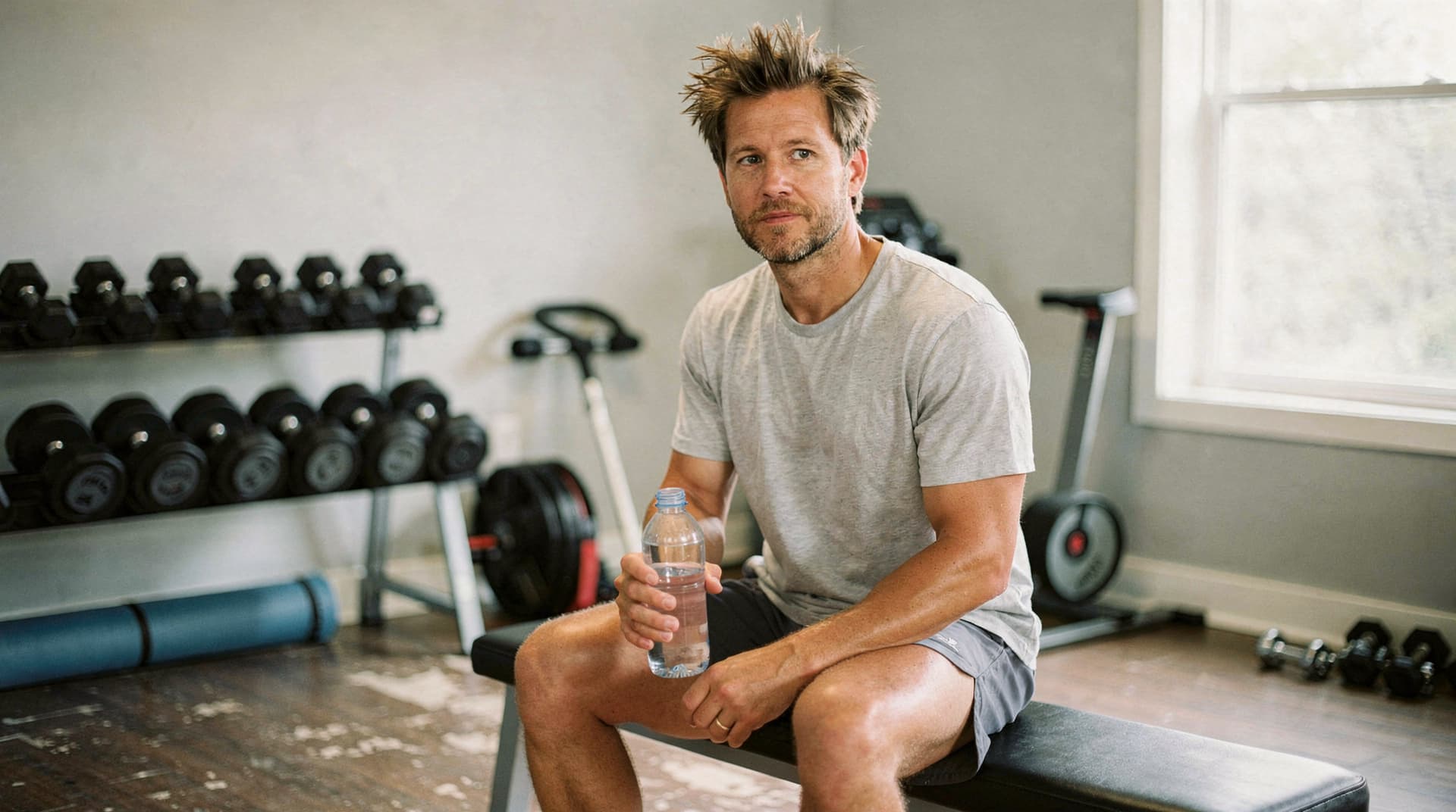 A man in a gray t-shirt sits on a bench in a gym holding a water bottle, with weights and exercise equipment in the.