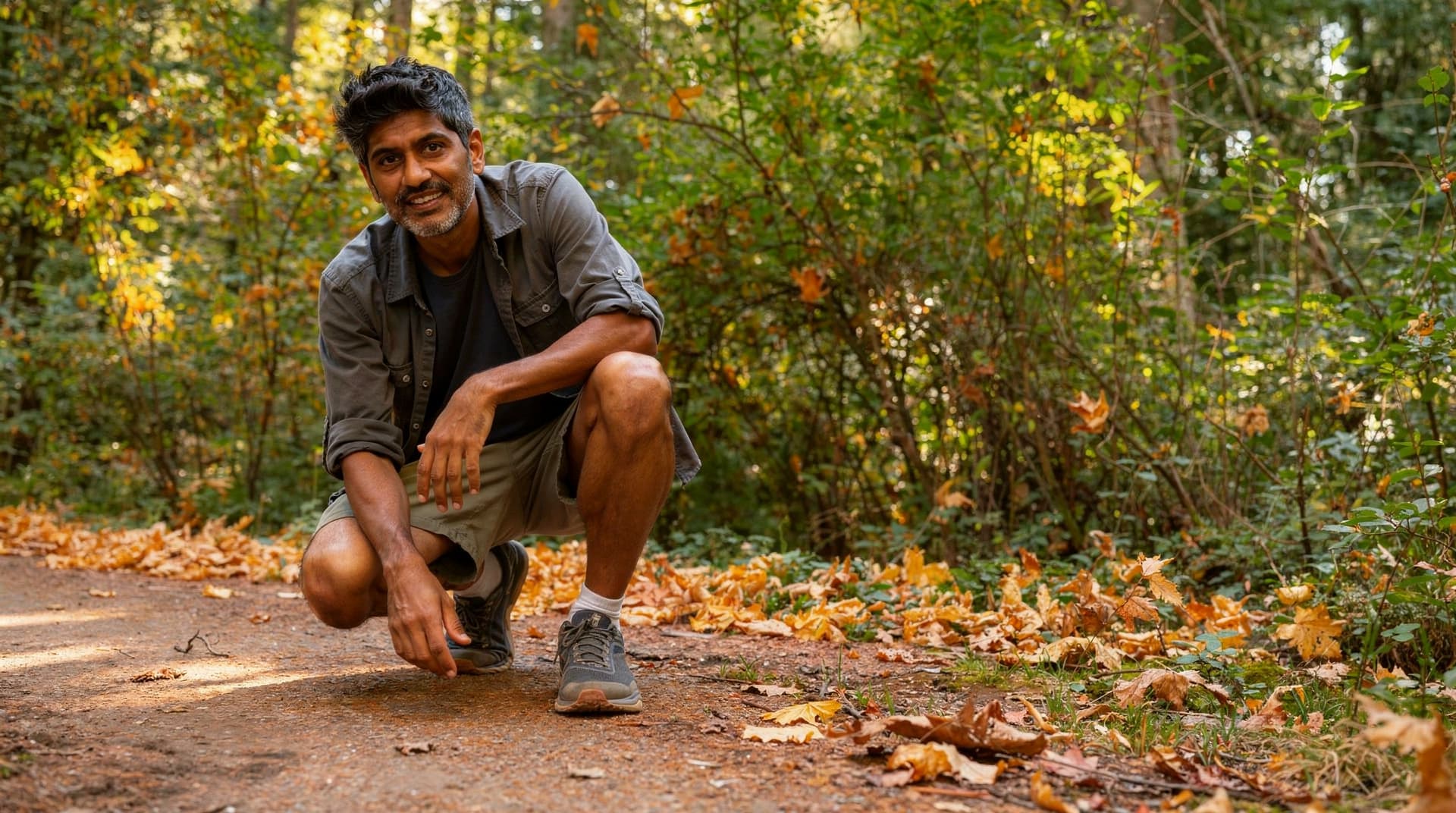 A man crouches on a forest path surrounded by autumn leaves and greenery.