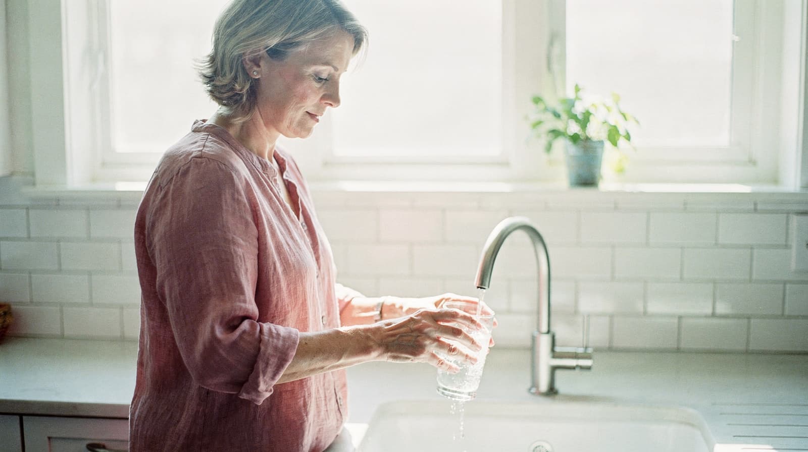 A woman in a pink shirt washes a glass at a kitchen sink with sunlight streaming through a window.