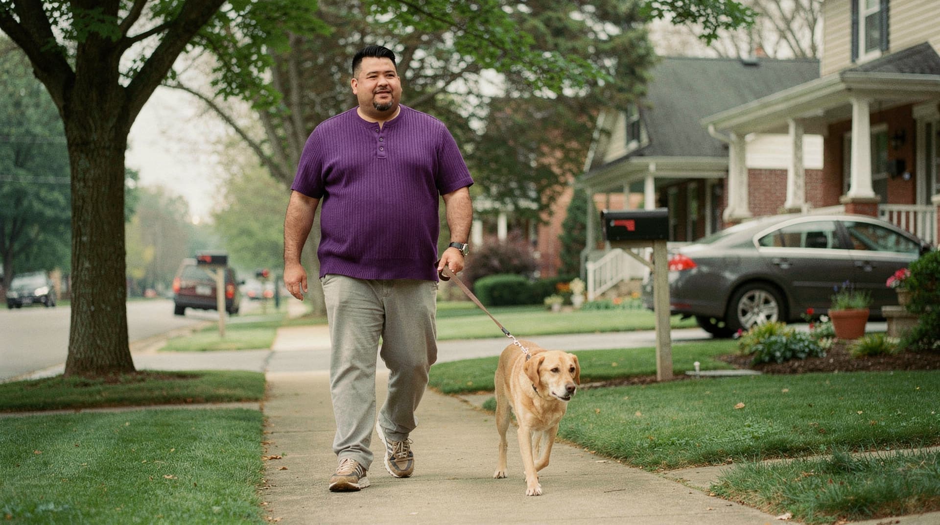A man walks a dog on a suburban sidewalk lined with houses and trees.