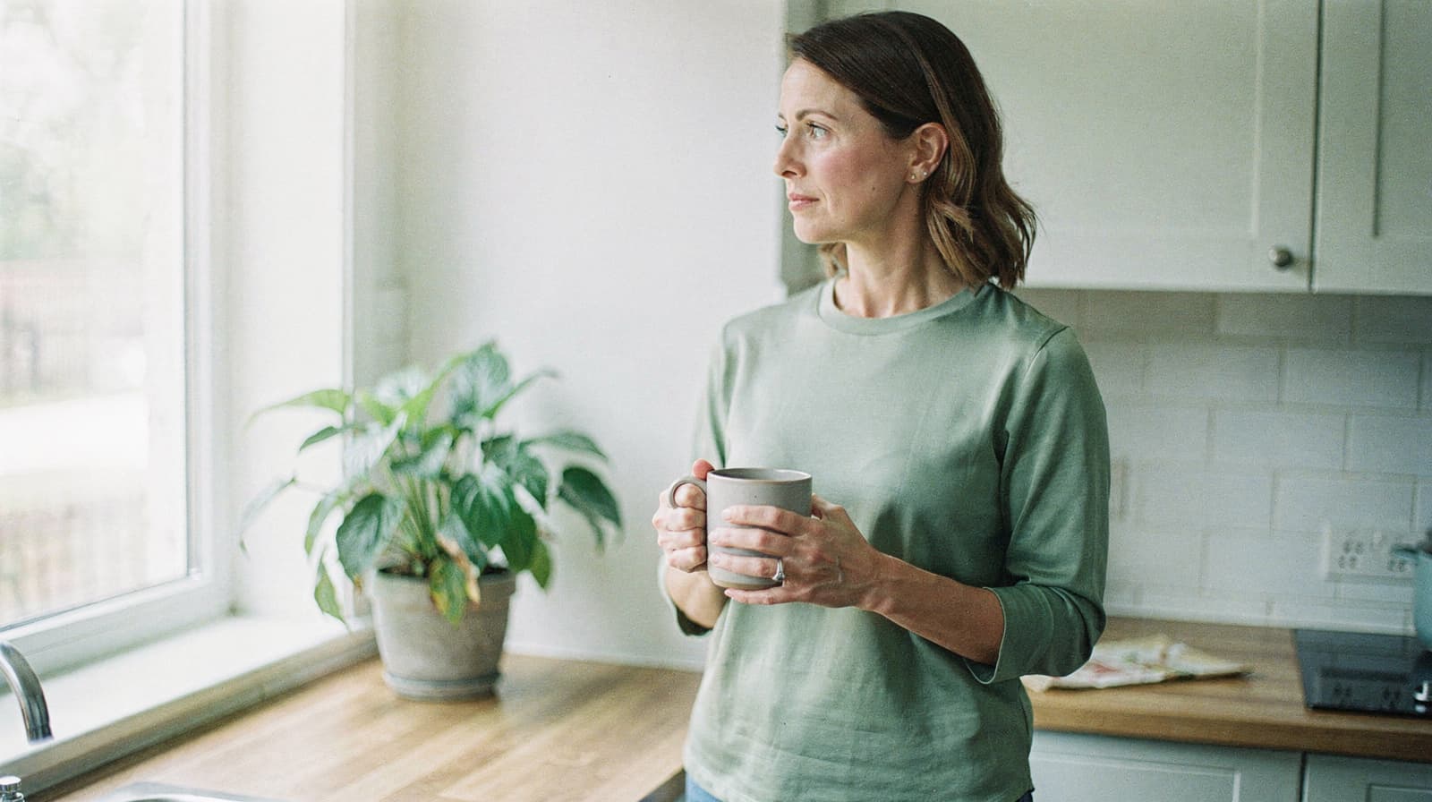 A woman holding a mug stands in a kitchen, looking out the window beside a potted plant.