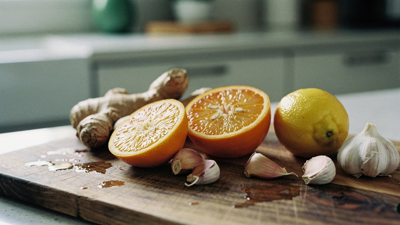 Sliced orange, whole lemon, ginger root, and garlic cloves on a wooden cutting board in a kitchen.
