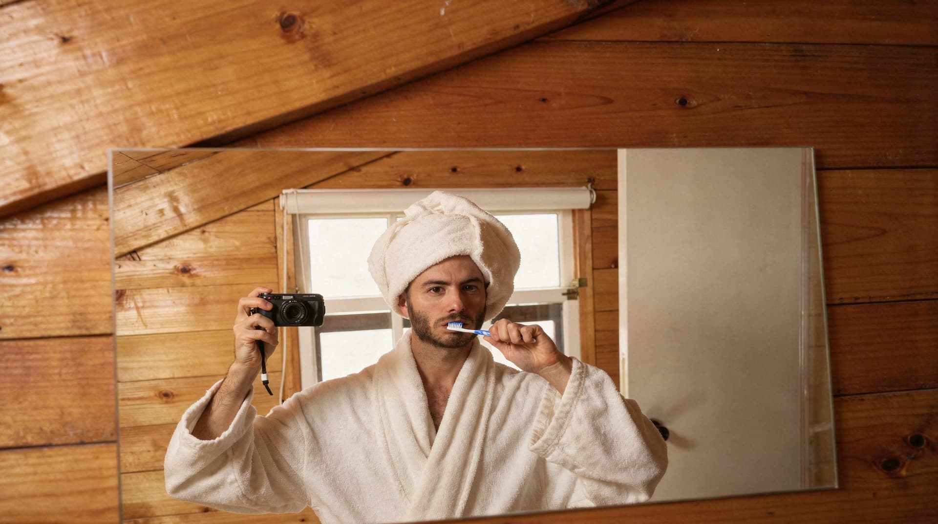 A man in a bathrobe and towel turban takes a mirror selfie while brushing his teeth in a wooden bathroom.