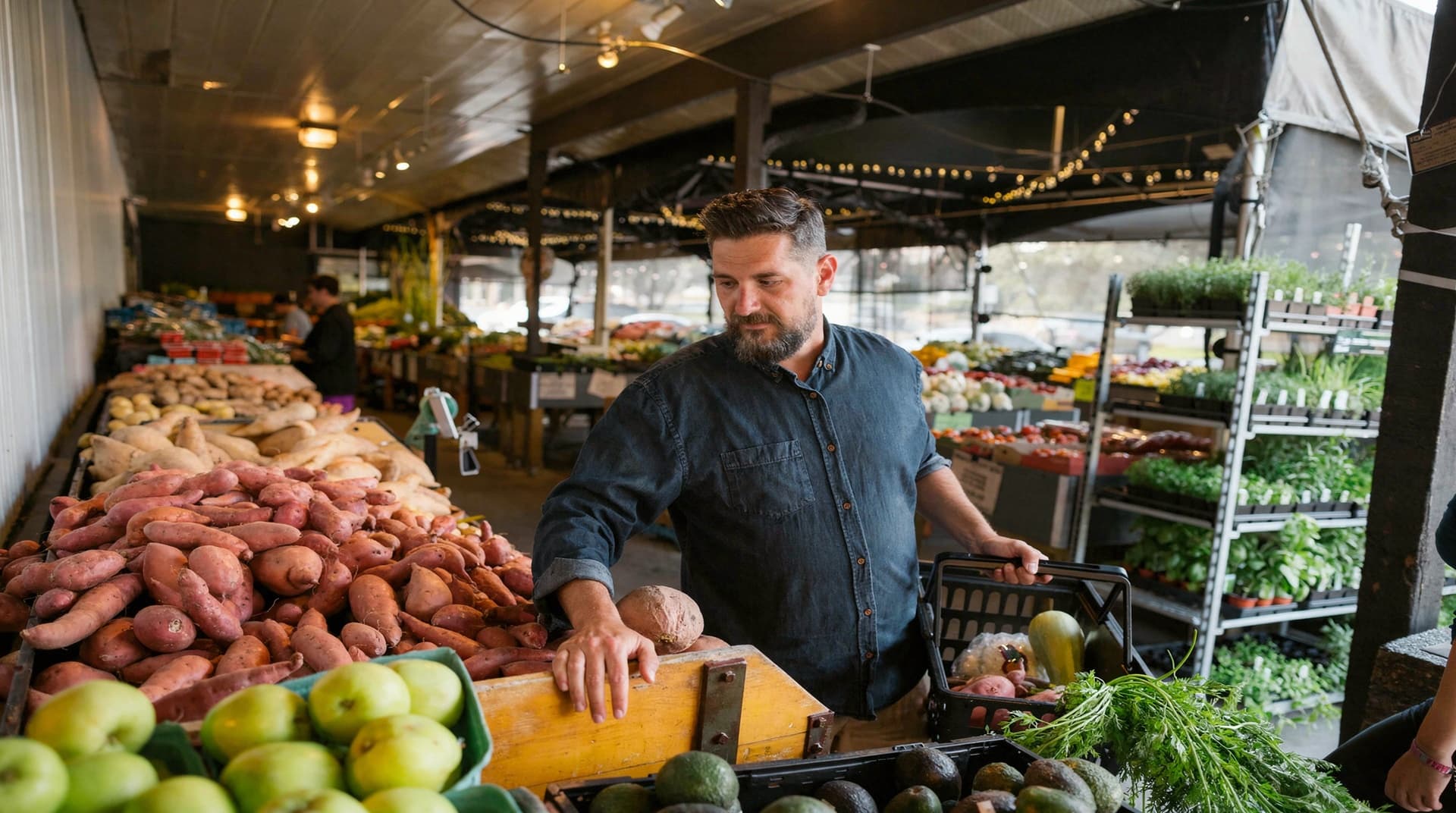 A man selects produce from a display at an outdoor market with various fruits and vegetables.