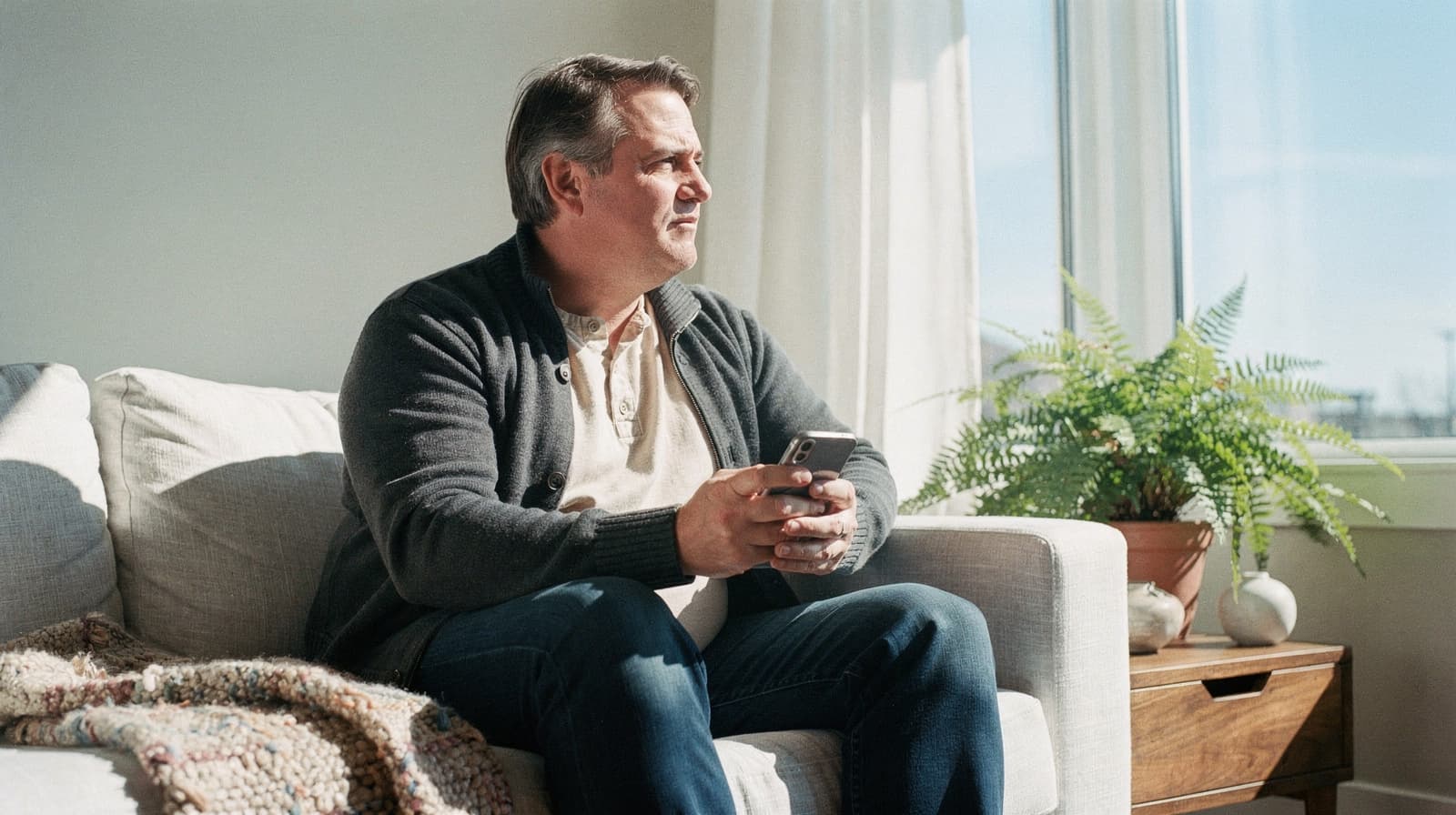 A man sits on a couch holding a smartphone, looking out a sunlit window with a potted fern nearby.