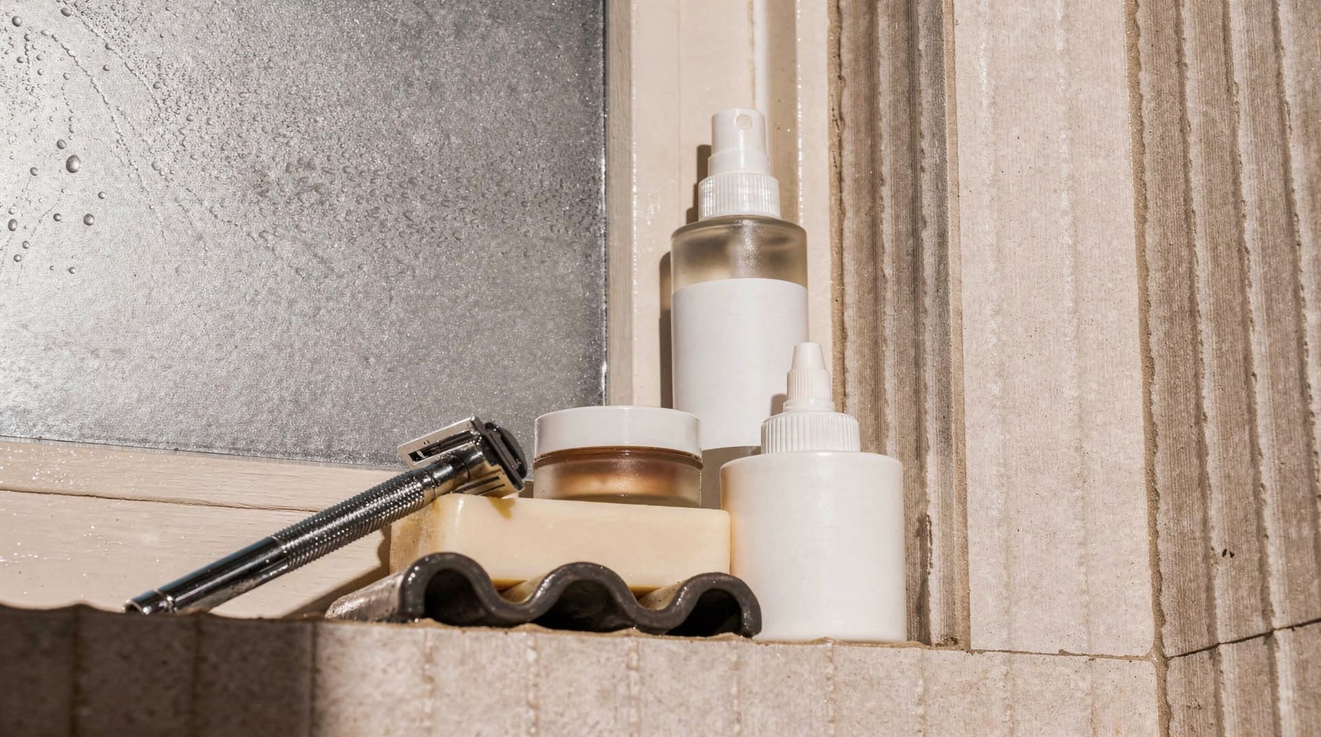 A collection of grooming items, including a razor, soap, and bottles, sits on a bathroom windowsill.