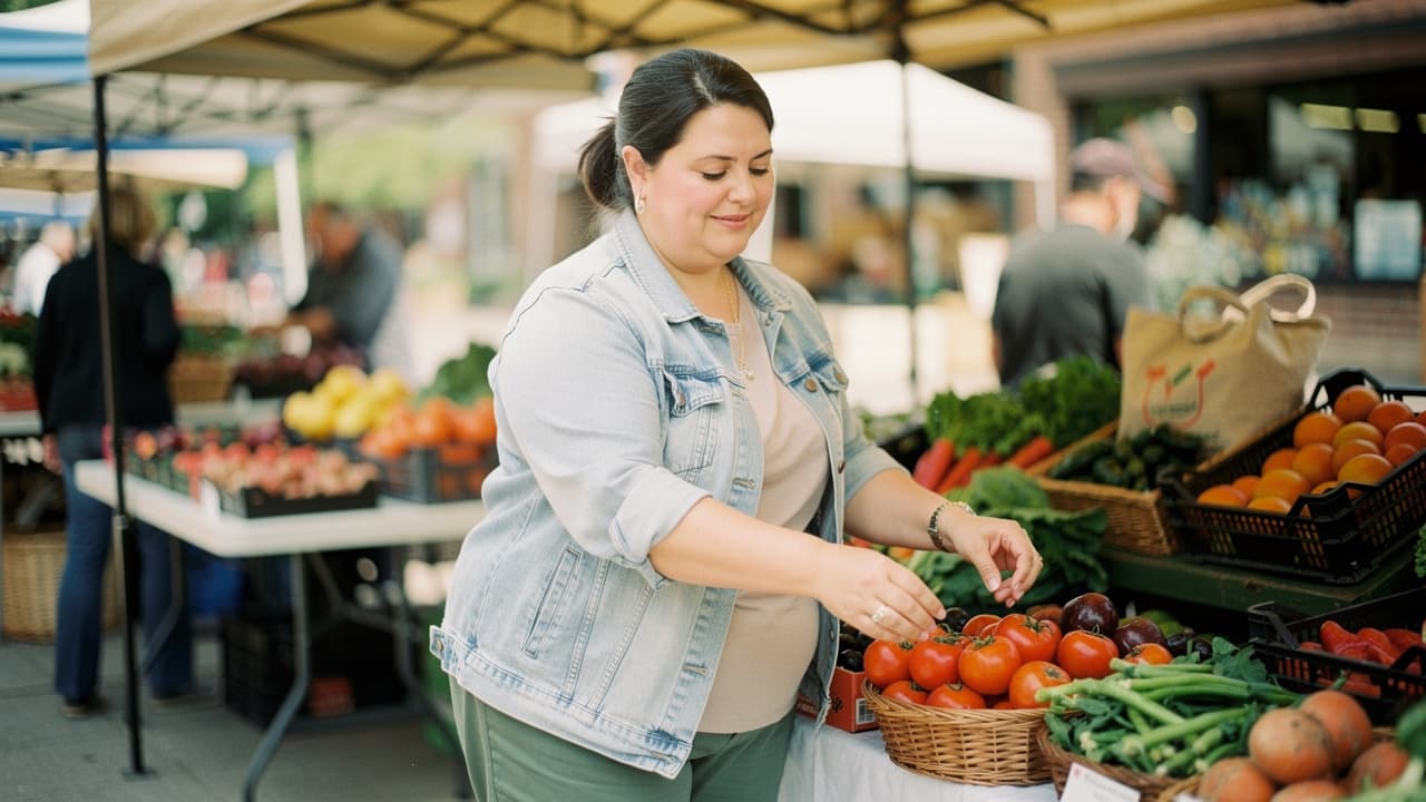 A woman selects tomatoes from a basket at an outdoor market stall with various fruits and vegetables.