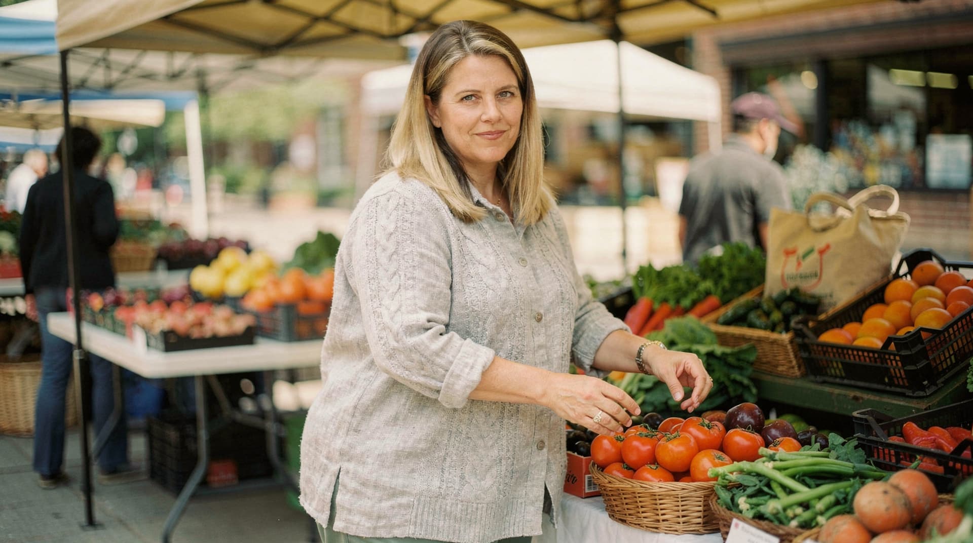 A woman selects tomatoes from a basket at an outdoor market stall with various fruits and vegetables.
