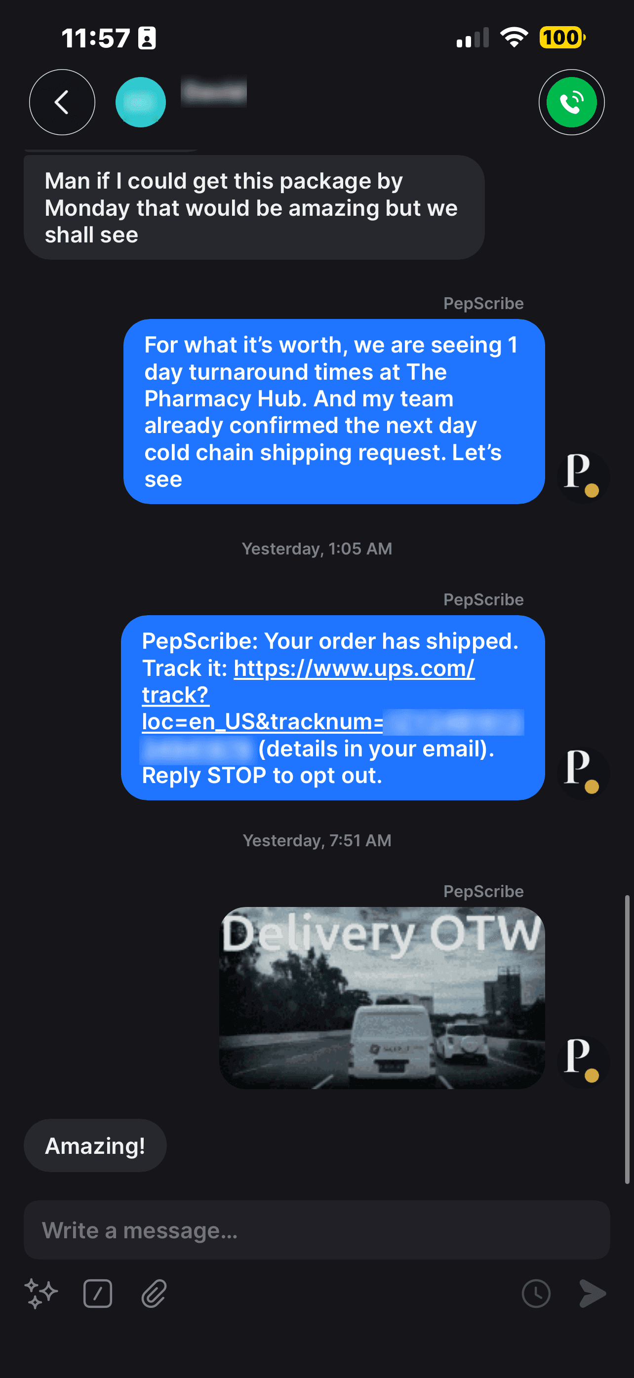 Screenshot of a text thread with the PepScribe care team about a shipment