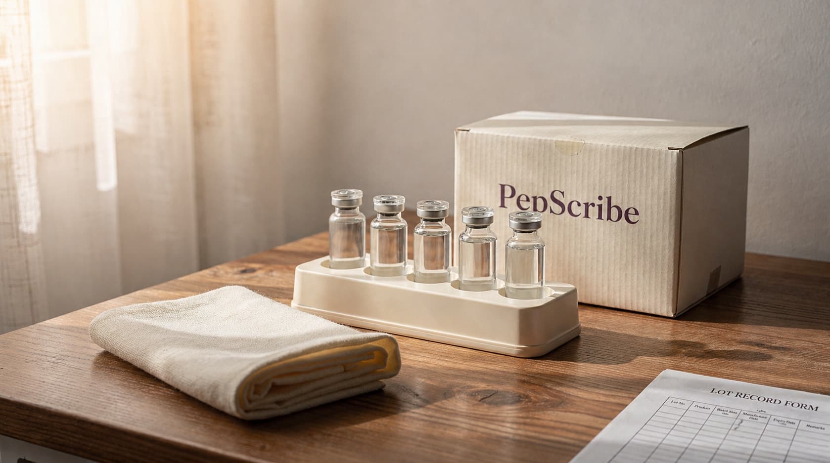 A sealed PepScribe-branded shipment box beside a tray of unlabeled compounded vials on a sunlit worktop