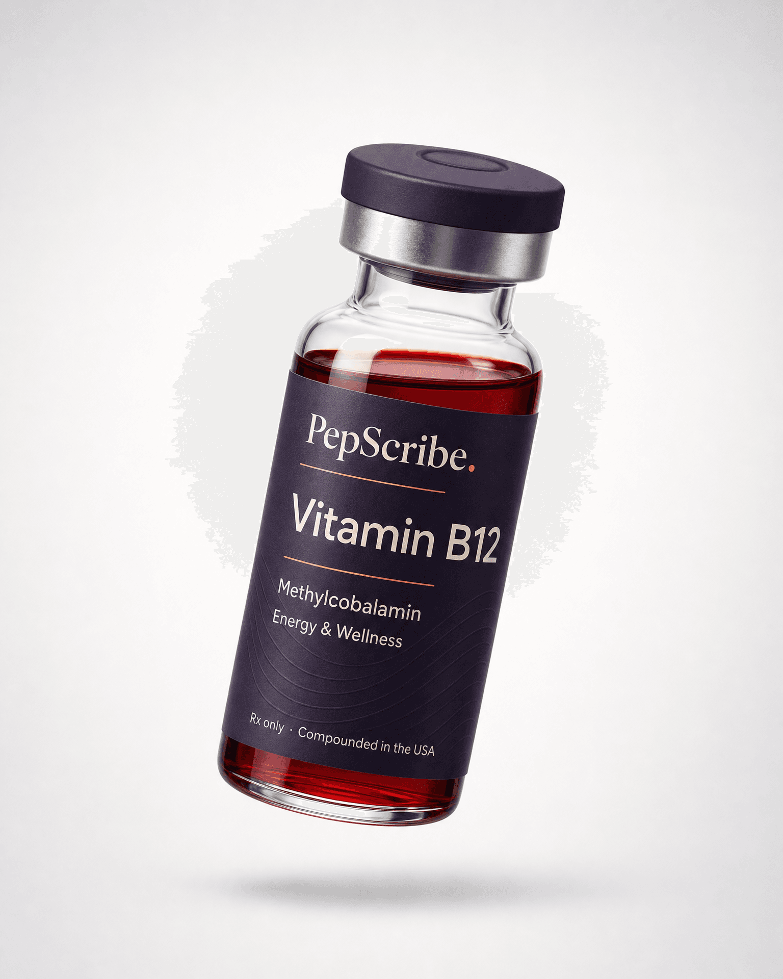 A PepScribe-branded vitamin B12 vial, floating against a soft studio backdrop.