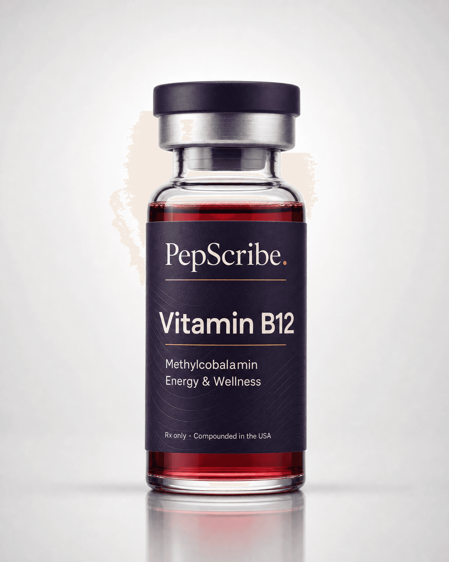 A PepScribe-branded vitamin B12 vial, studio product photograph.