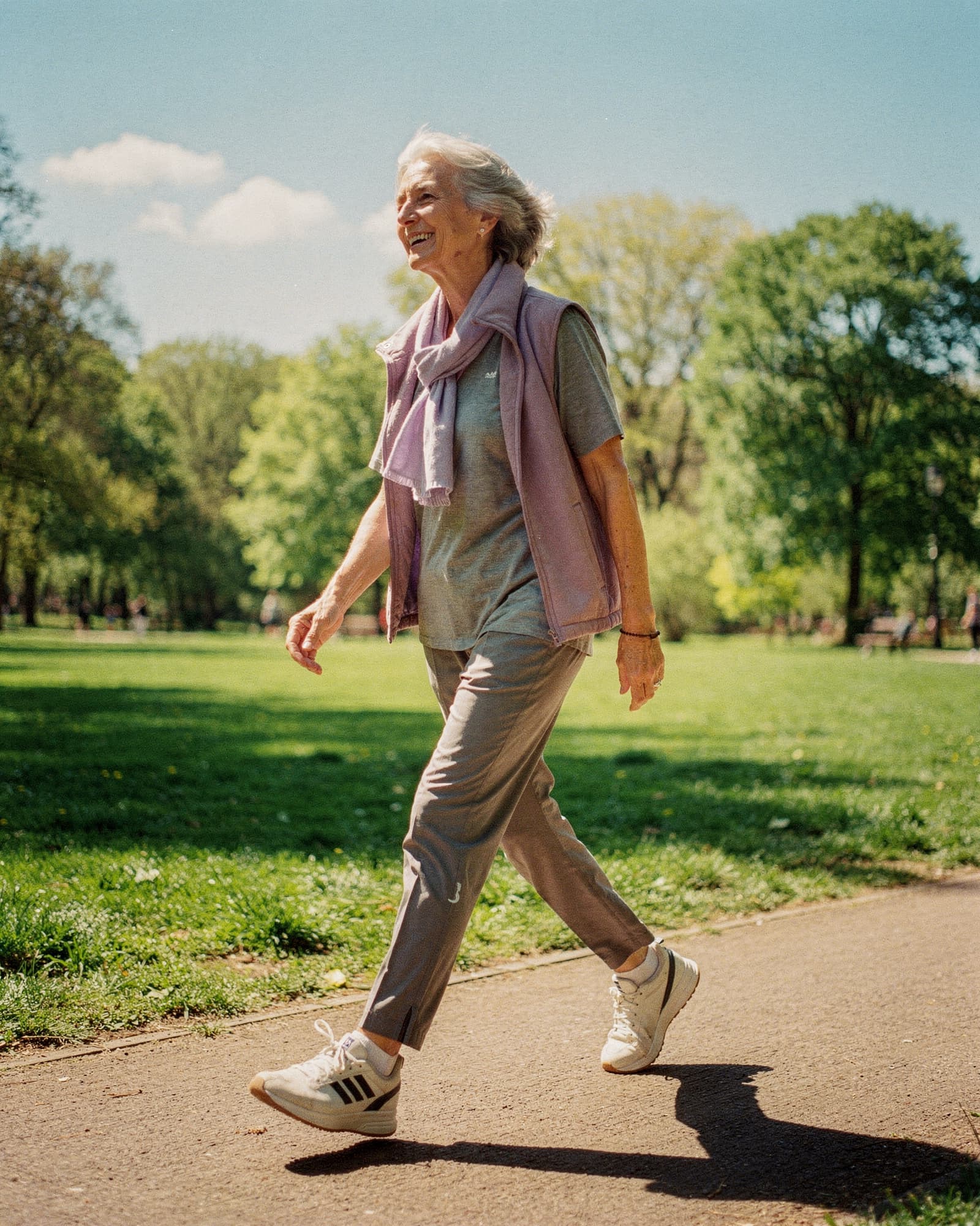 An active older adult walking through a fall market early in the morning