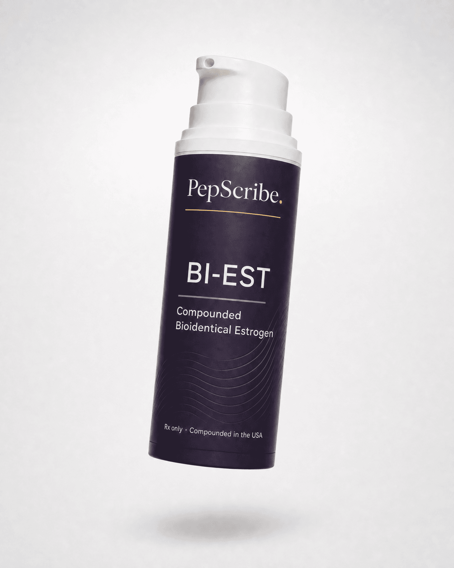 A PepScribe-branded compounded BI-EST bioidentical estrogen cream bottle, angled against a soft studio backdrop.