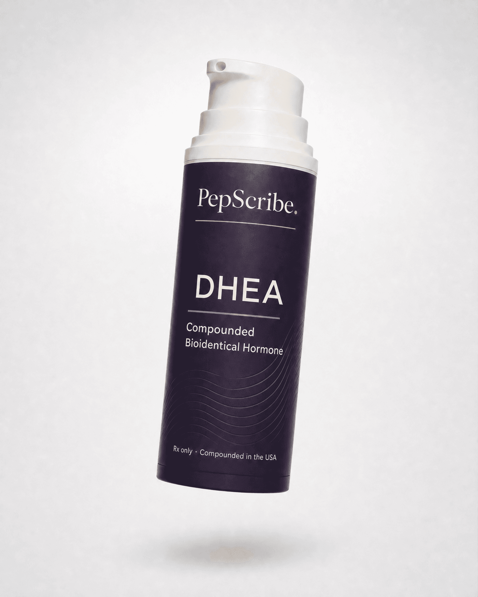 A PepScribe-branded compounded bioidentical DHEA cream bottle, angled against a soft studio backdrop.