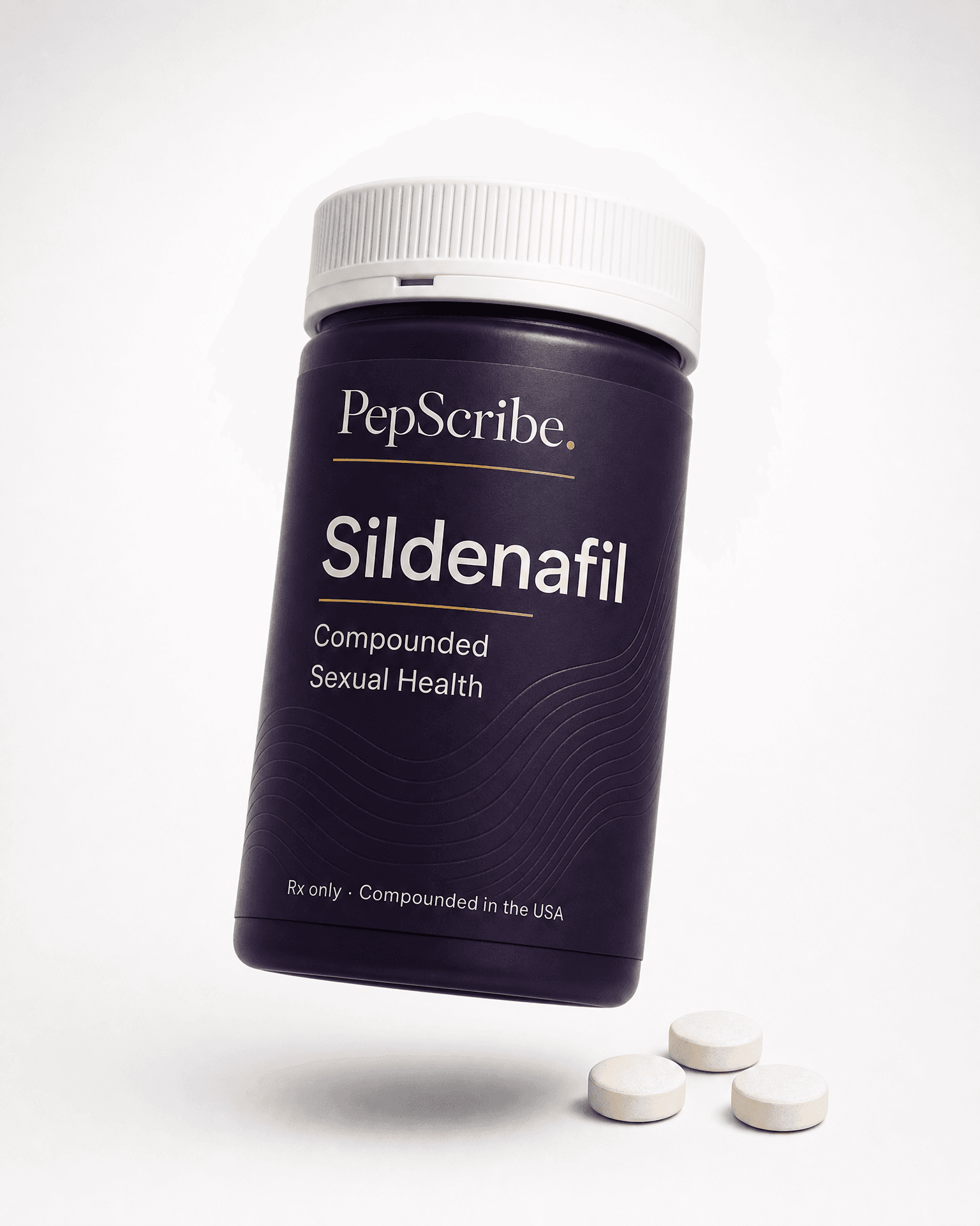 A PepScribe-branded sildenafil tablet bottle, floating against a soft studio backdrop.