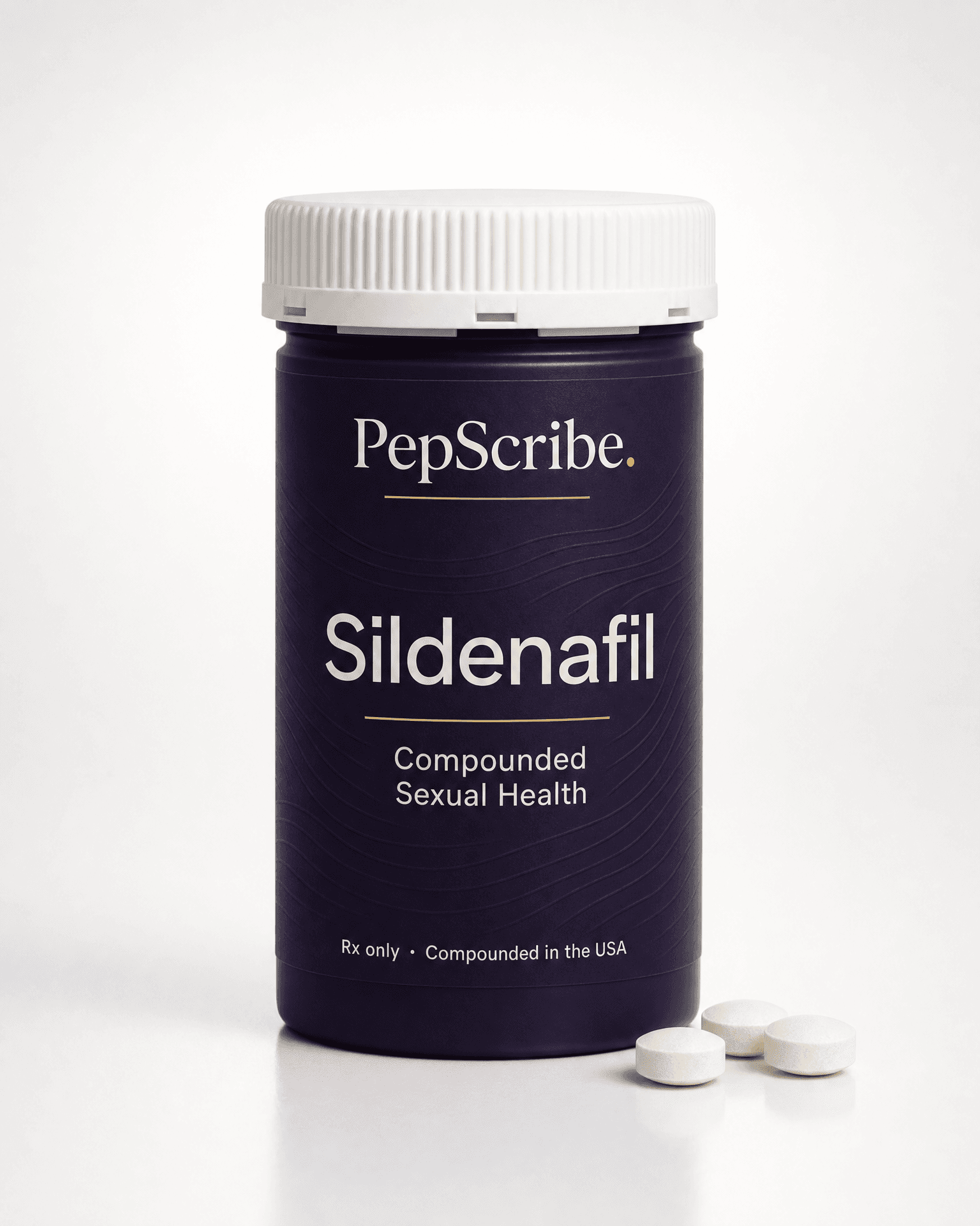 A PepScribe-branded sexual health medication package, studio product photograph.
