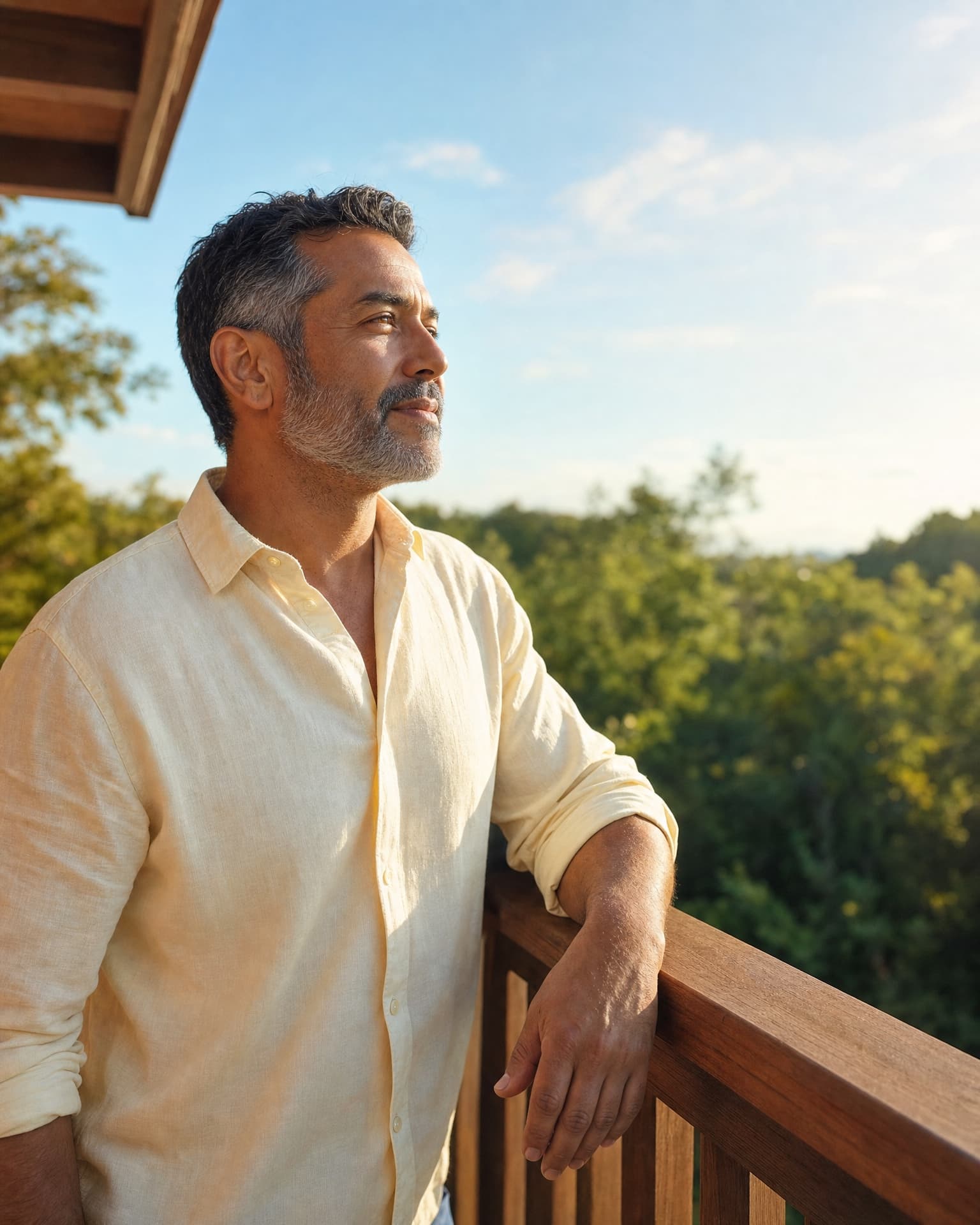 A man in his early fifties on a sunlit deck in the morning, looking out at the view