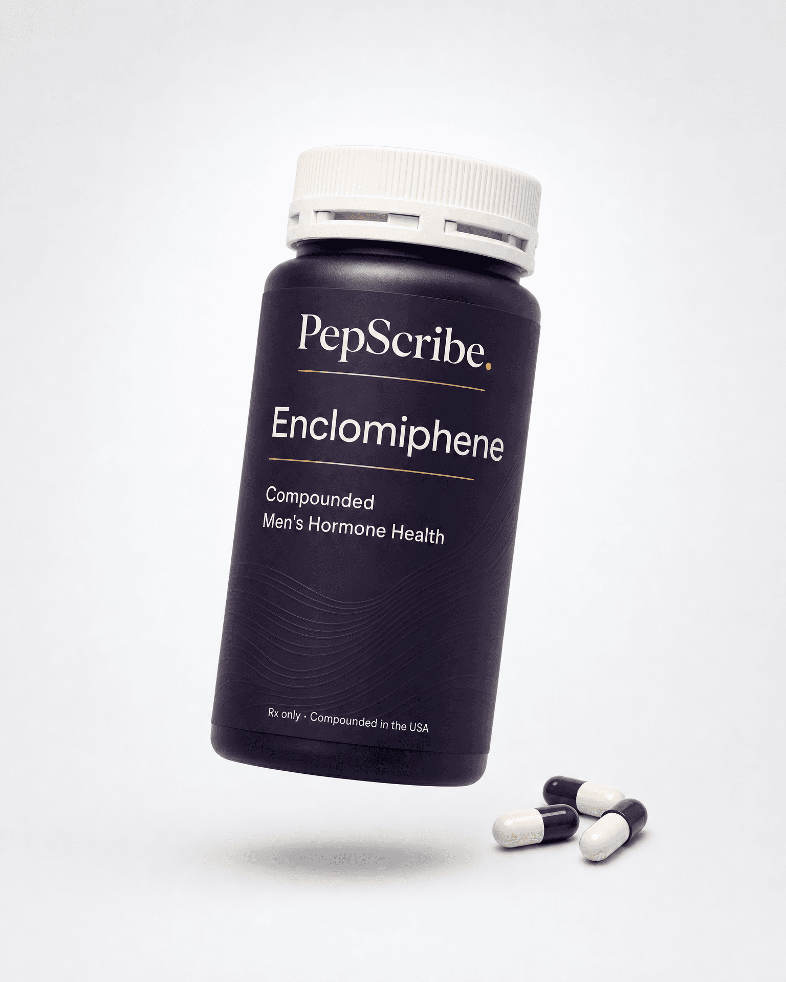 A PepScribe-branded deep-plum Enclomiphene capsule bottle floating against a soft studio backdrop, with two-tone capsules below