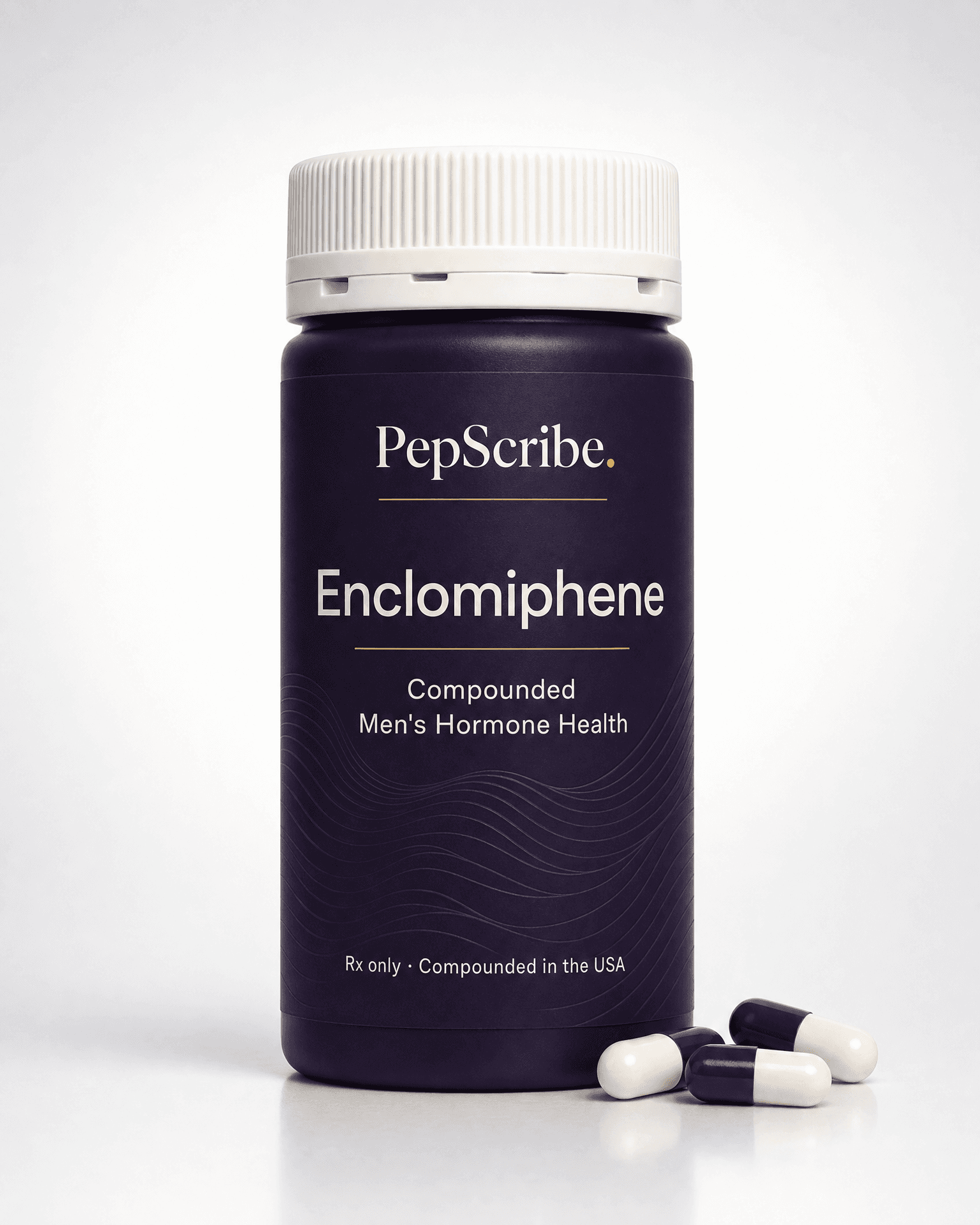 A PepScribe-branded deep-plum Enclomiphene capsule bottle with two-tone capsules beside it on a clean studio surface