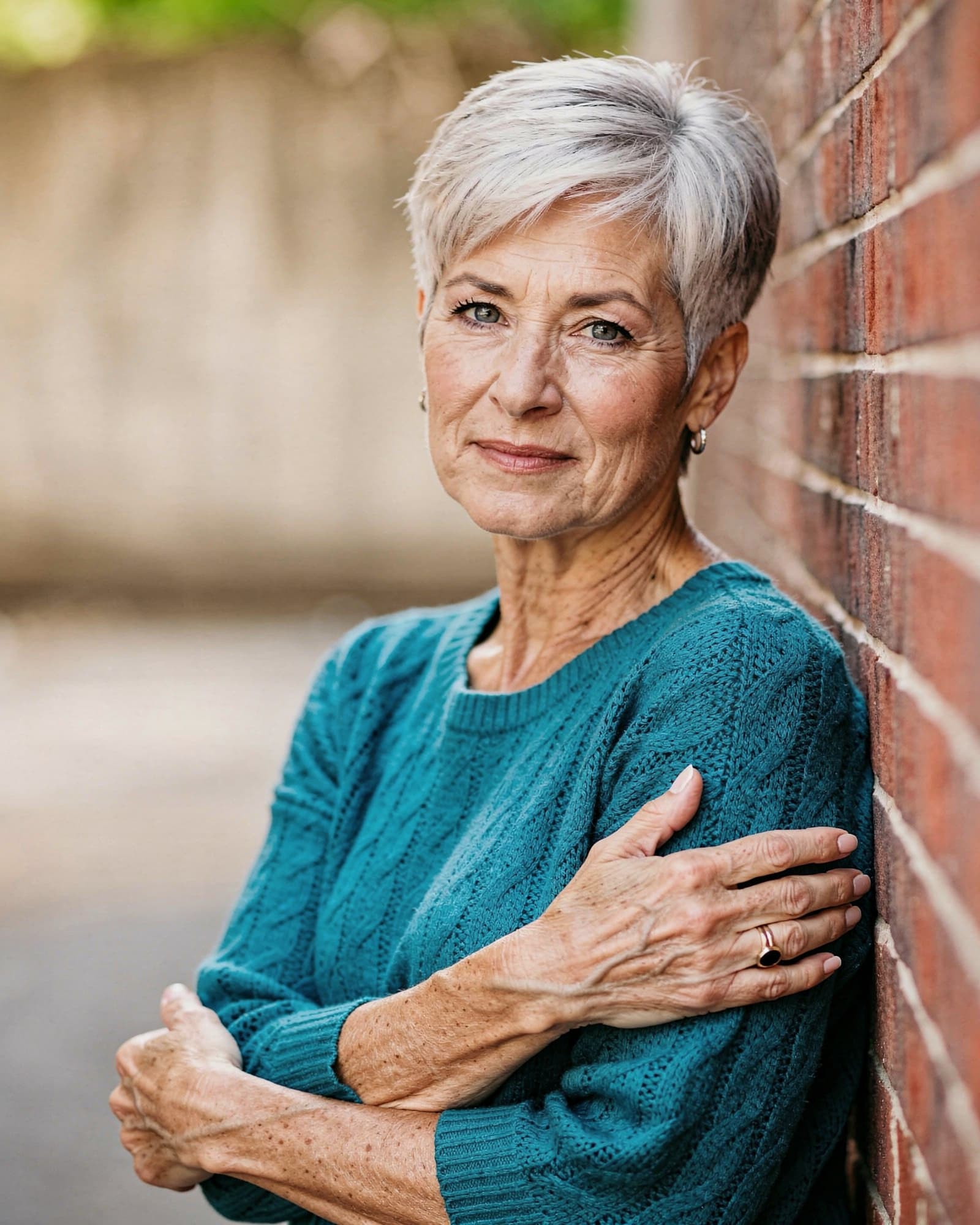 A warm American woman in her mid fifties leaning against a sunlit wall, relaxed and confident with real age texture.