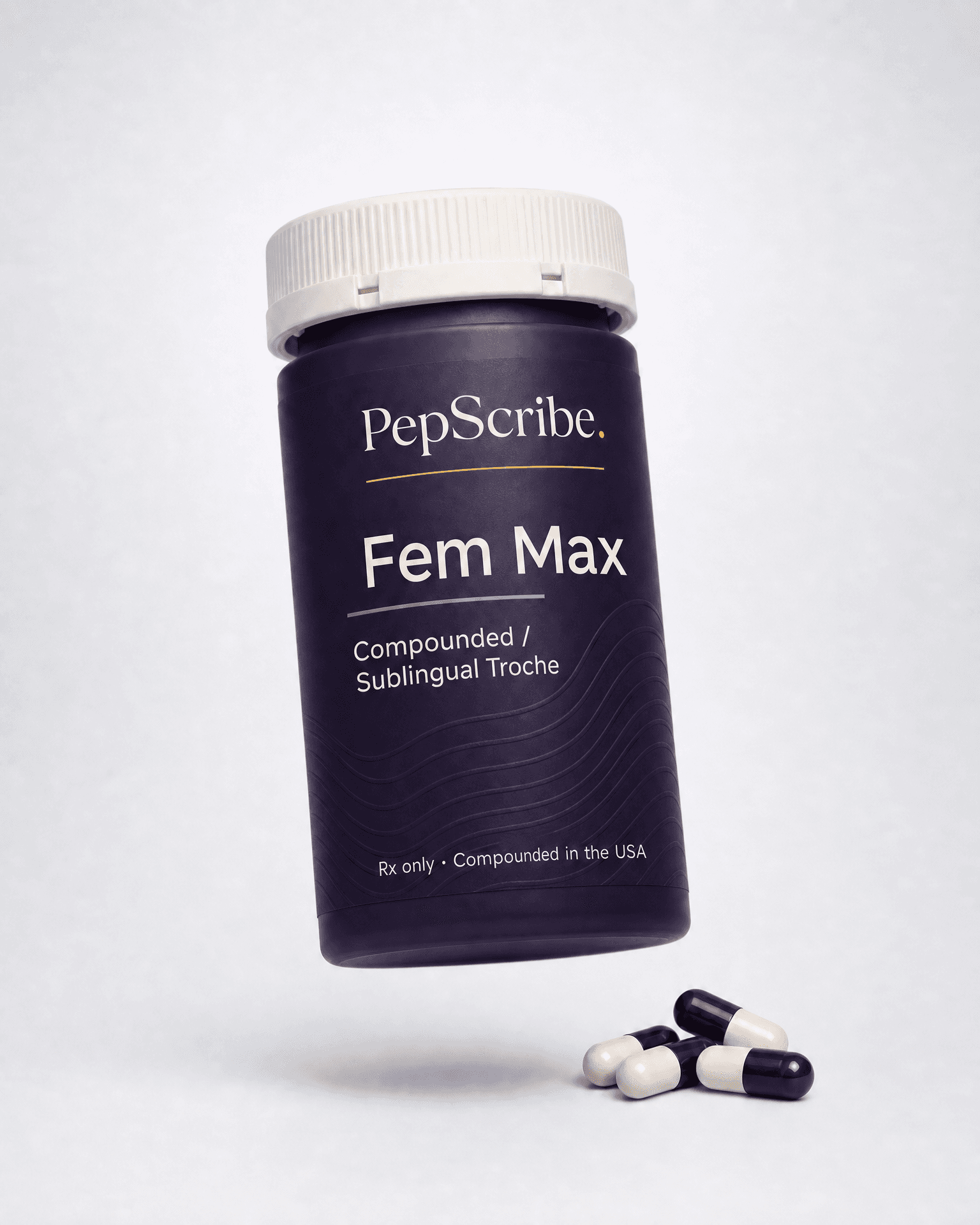 A PepScribe-branded Fem Max compounded sublingual troche bottle, angled against a soft studio backdrop.