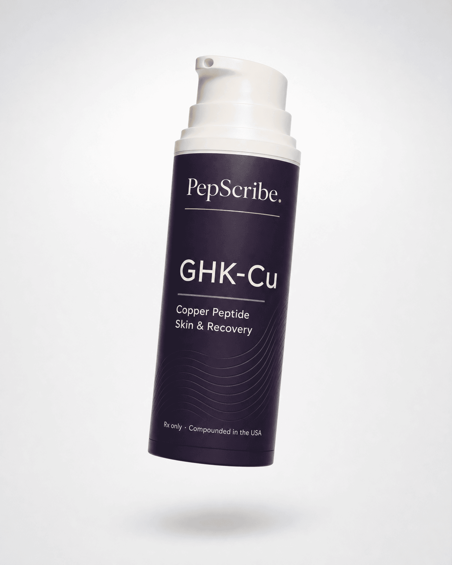 A PepScribe-branded GHK-Cu cream pump bottle, floating against a soft studio backdrop.