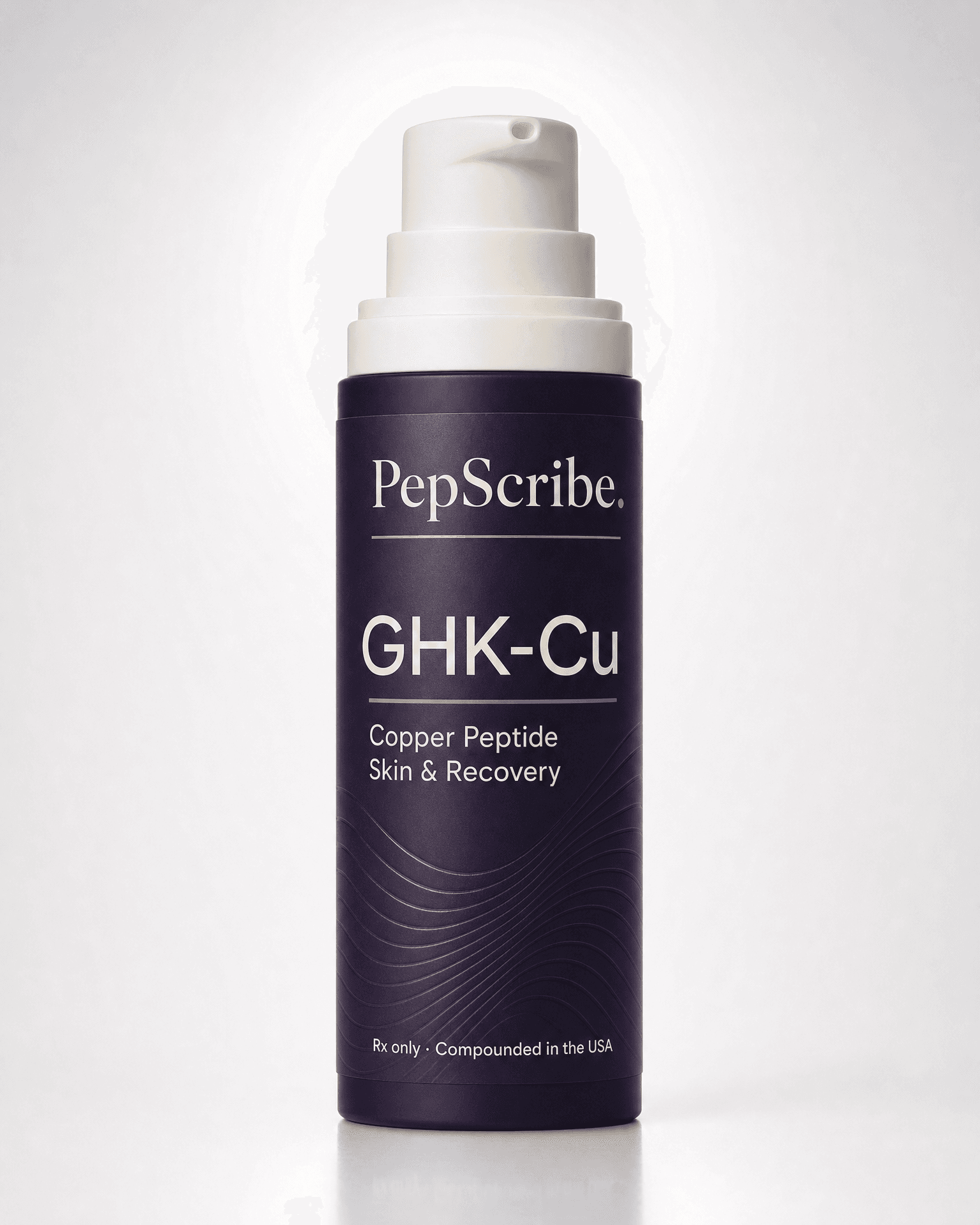 A PepScribe-branded GHK-Cu cream pump bottle, studio product photograph.