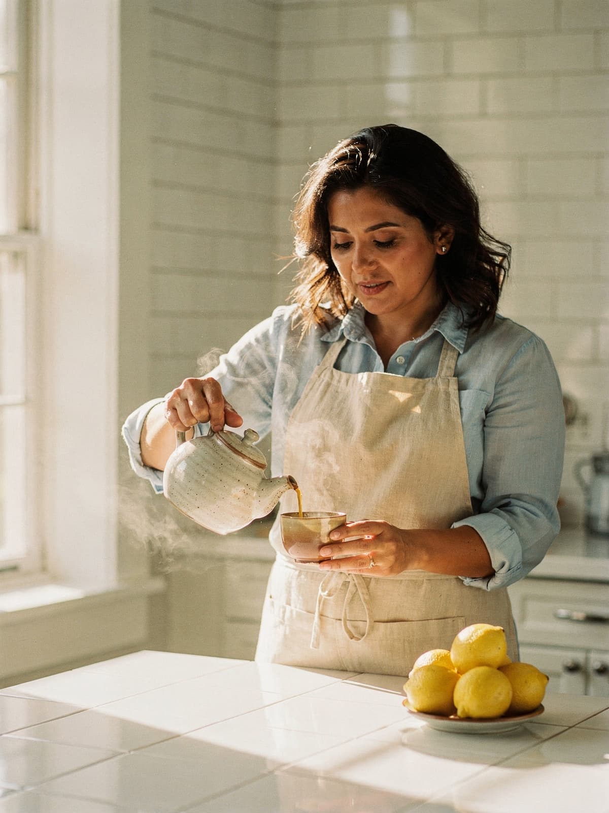 A woman pouring tea from a stoneware teapot into a glass cup in a bright, sunlit kitchen