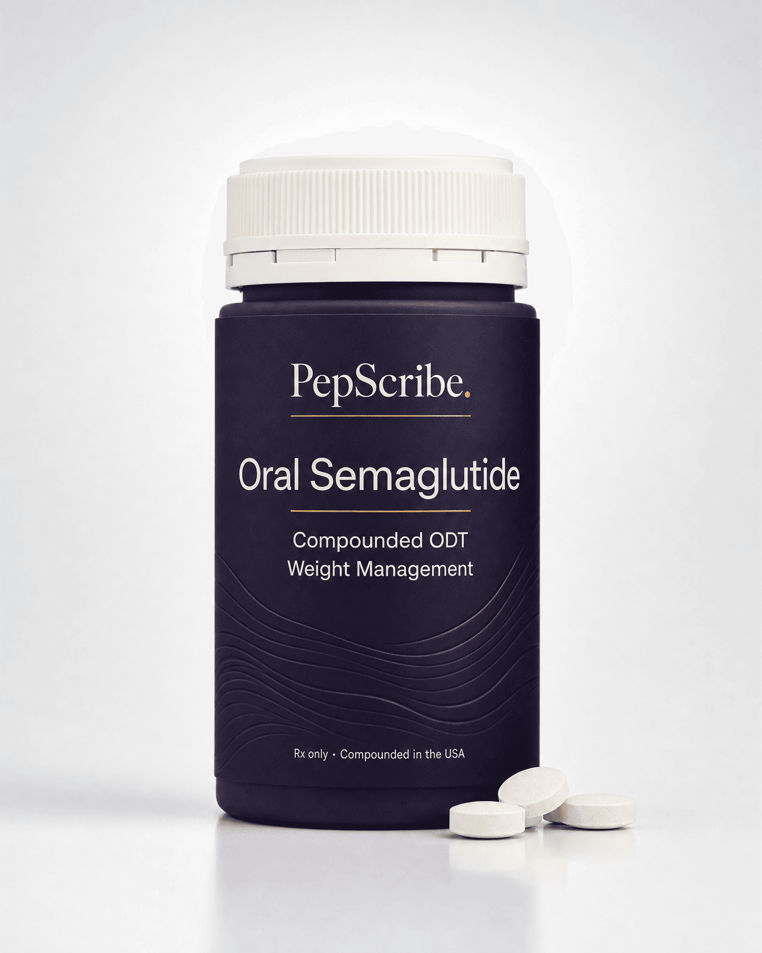 Amber PepScribe pharmacy bottle of compounded oral semaglutide tablets with a few loose round tablets beside it on a bone surface