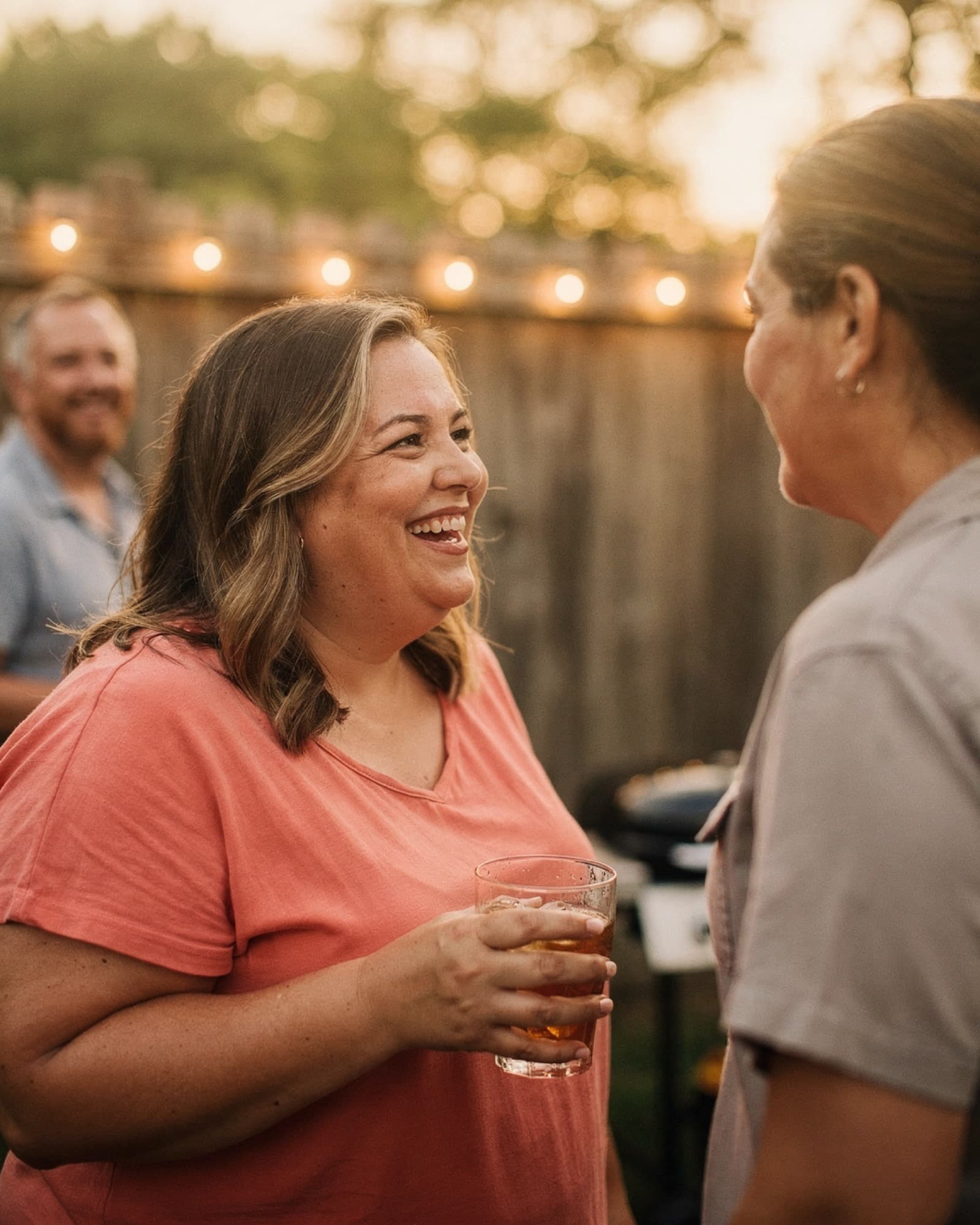 A woman laughing with a friend at a warm backyard evening gathering with string lights