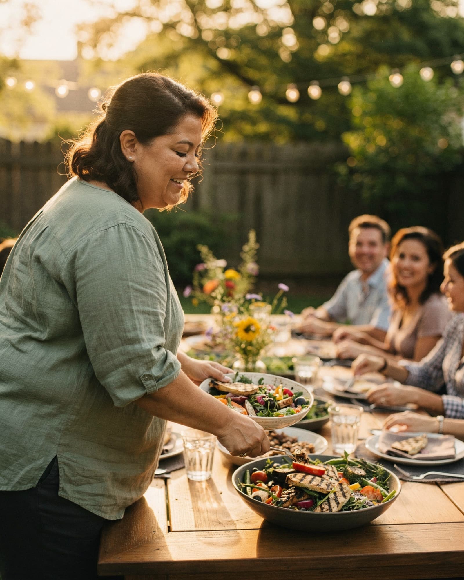 A woman serving a bowl of fresh grilled vegetables and garden salad at a sunlit backyard dinner with friends