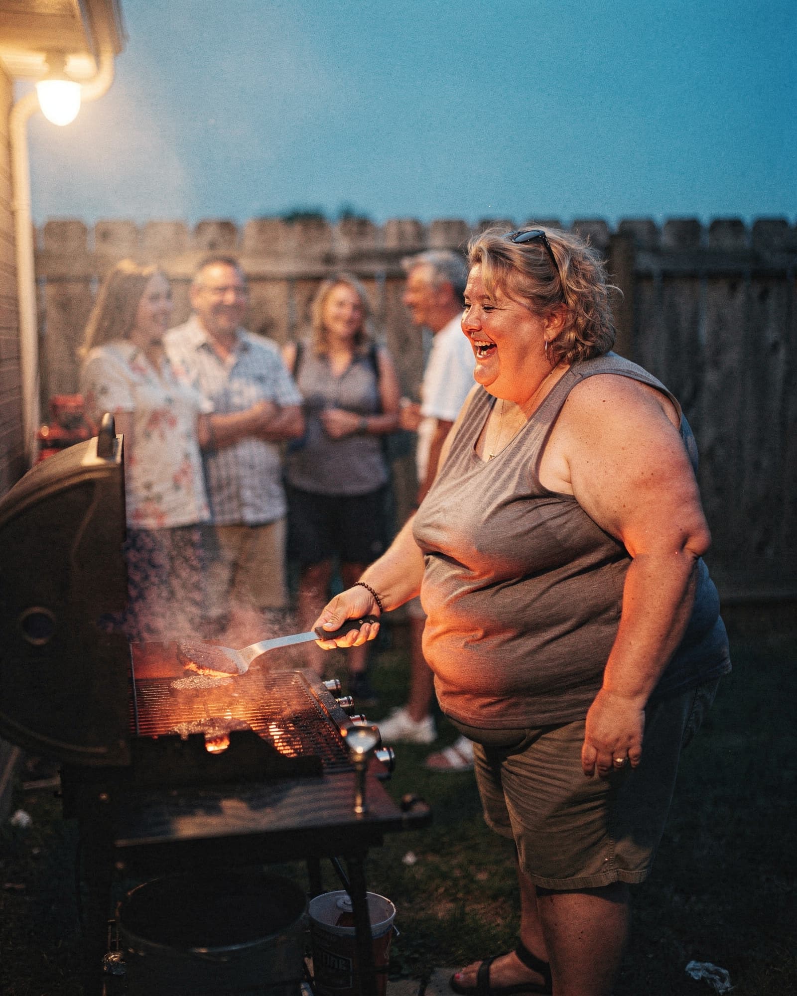 A plus-size woman laughing as she grills at an Ohio backyard cookout at dusk