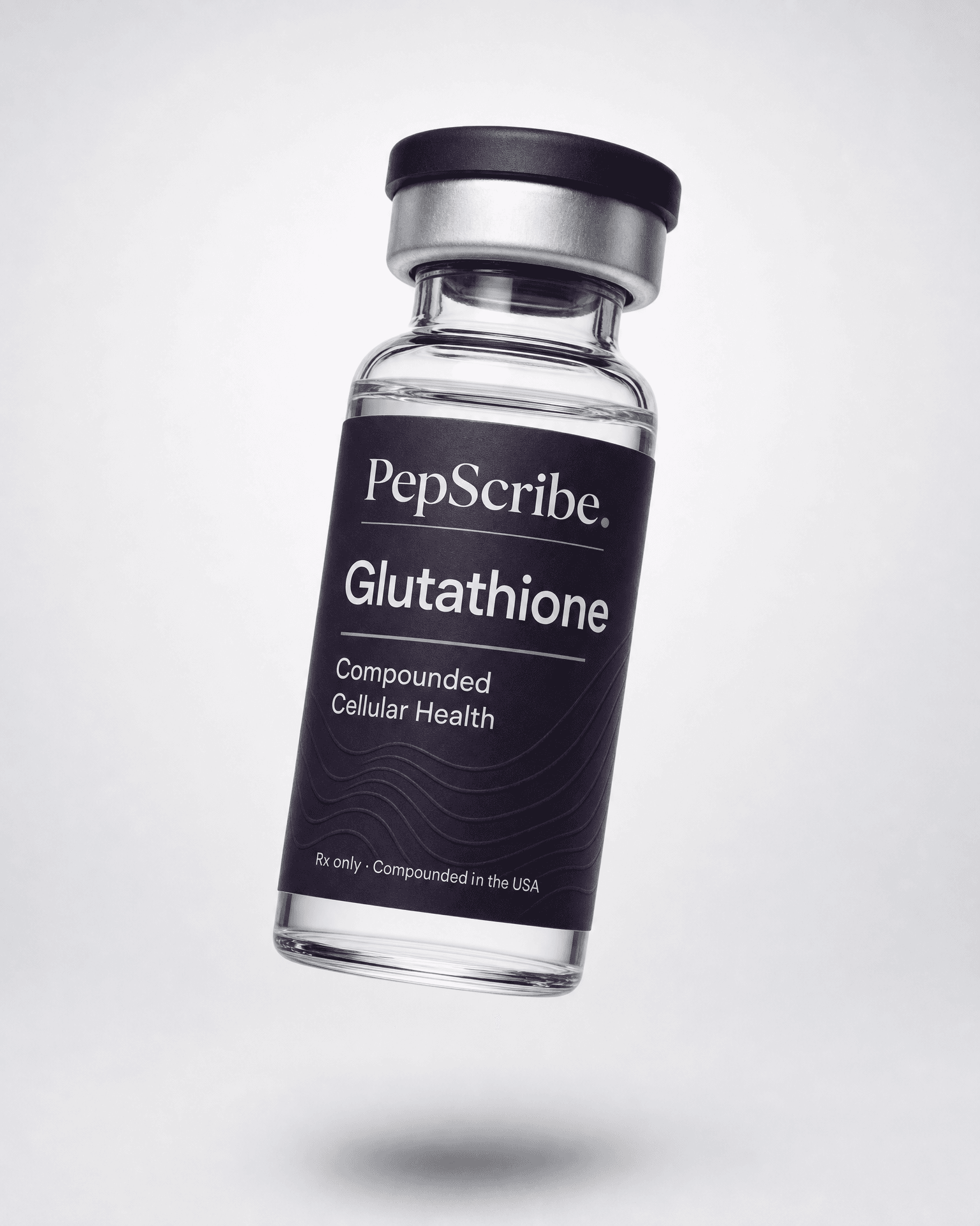 A PepScribe-branded glutathione vial, floating against a soft studio backdrop.