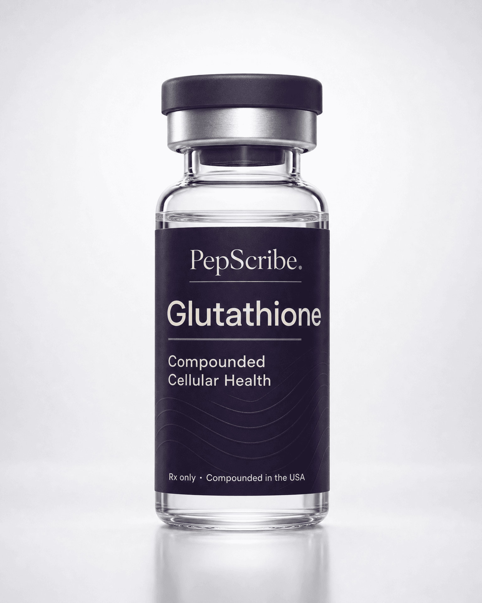 A PepScribe-branded glutathione vial, studio product photograph.