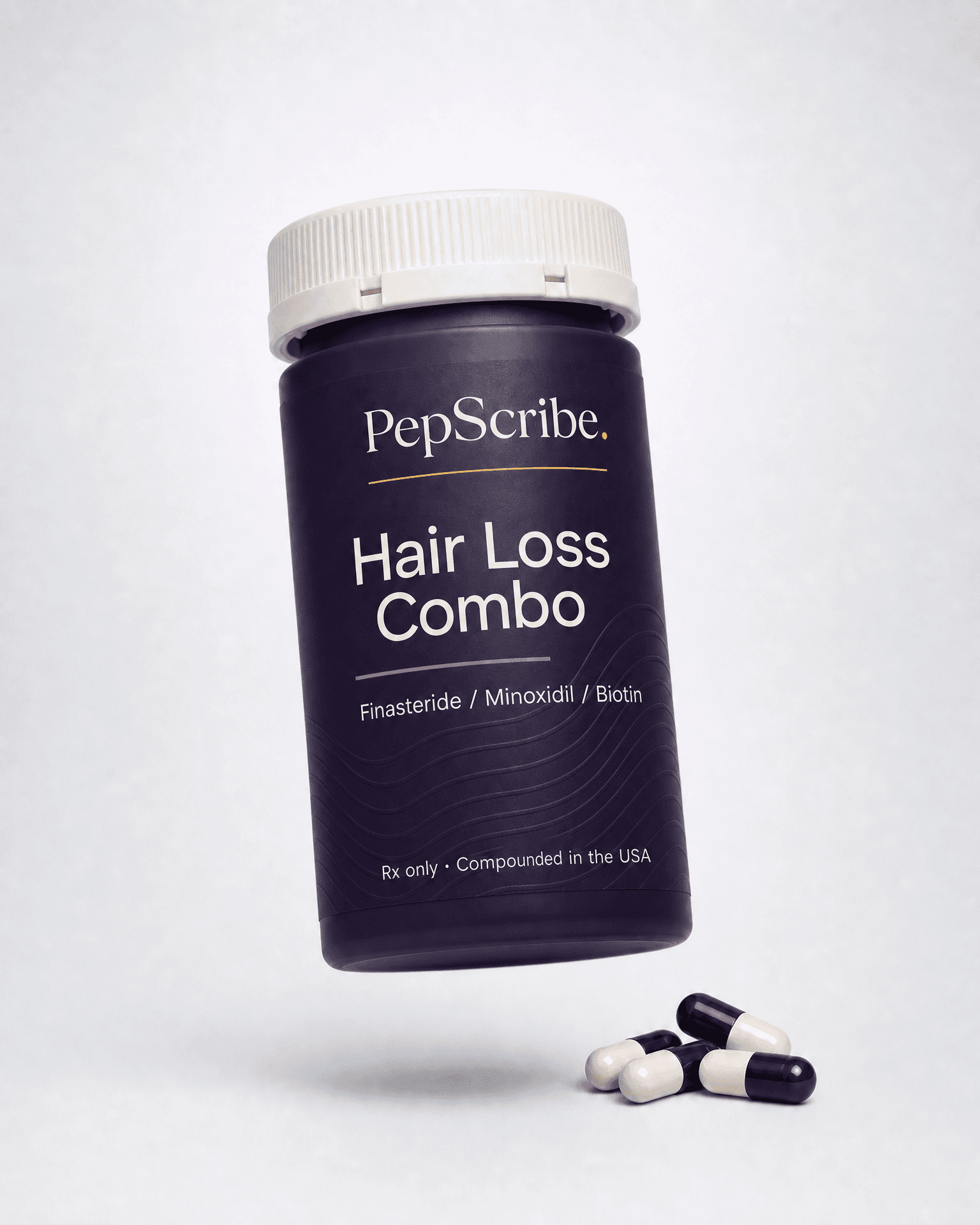 A PepScribe-branded hair loss capsule bottle, floating against a soft studio backdrop.