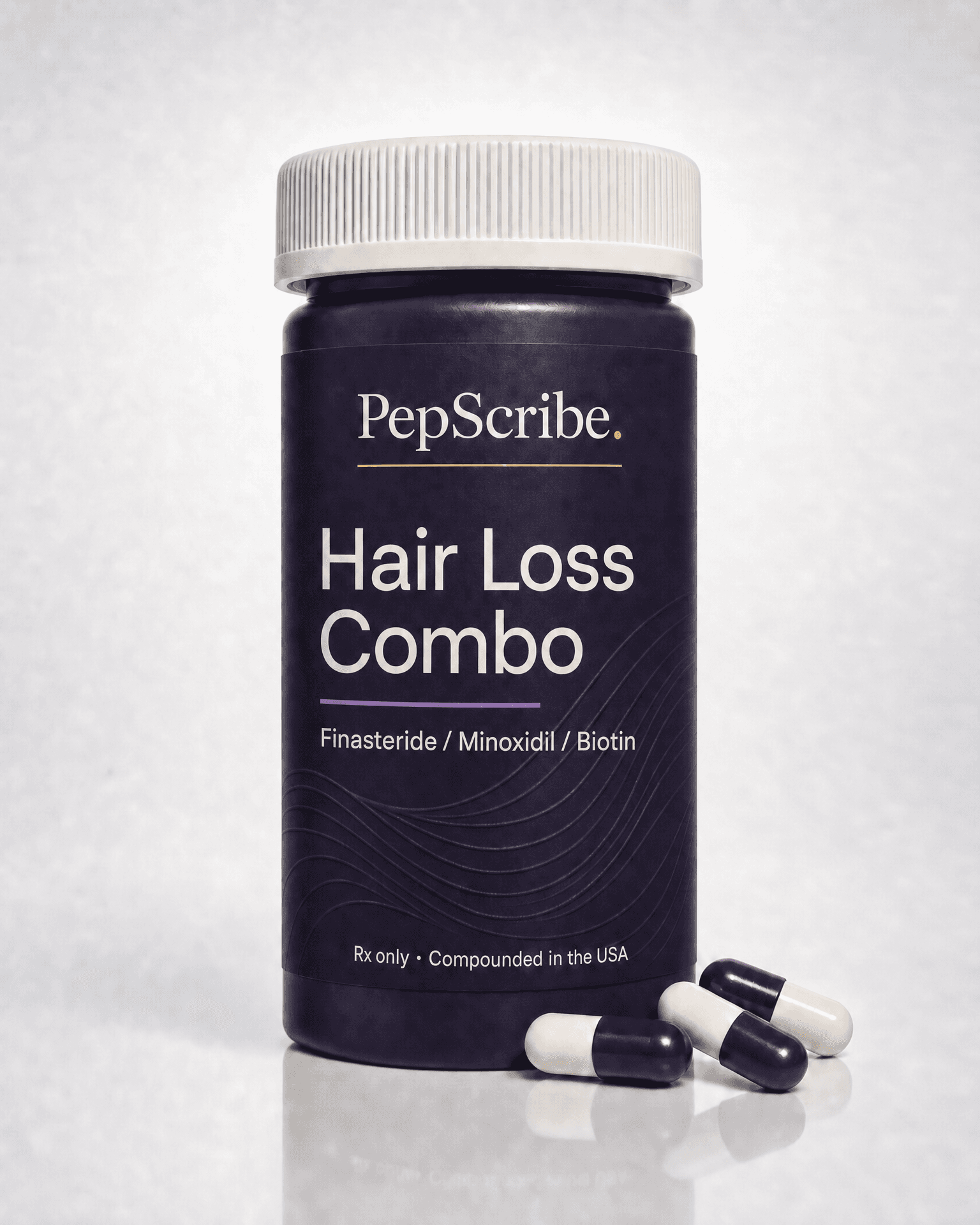 A PepScribe-branded hair loss capsule bottle, studio product photograph.