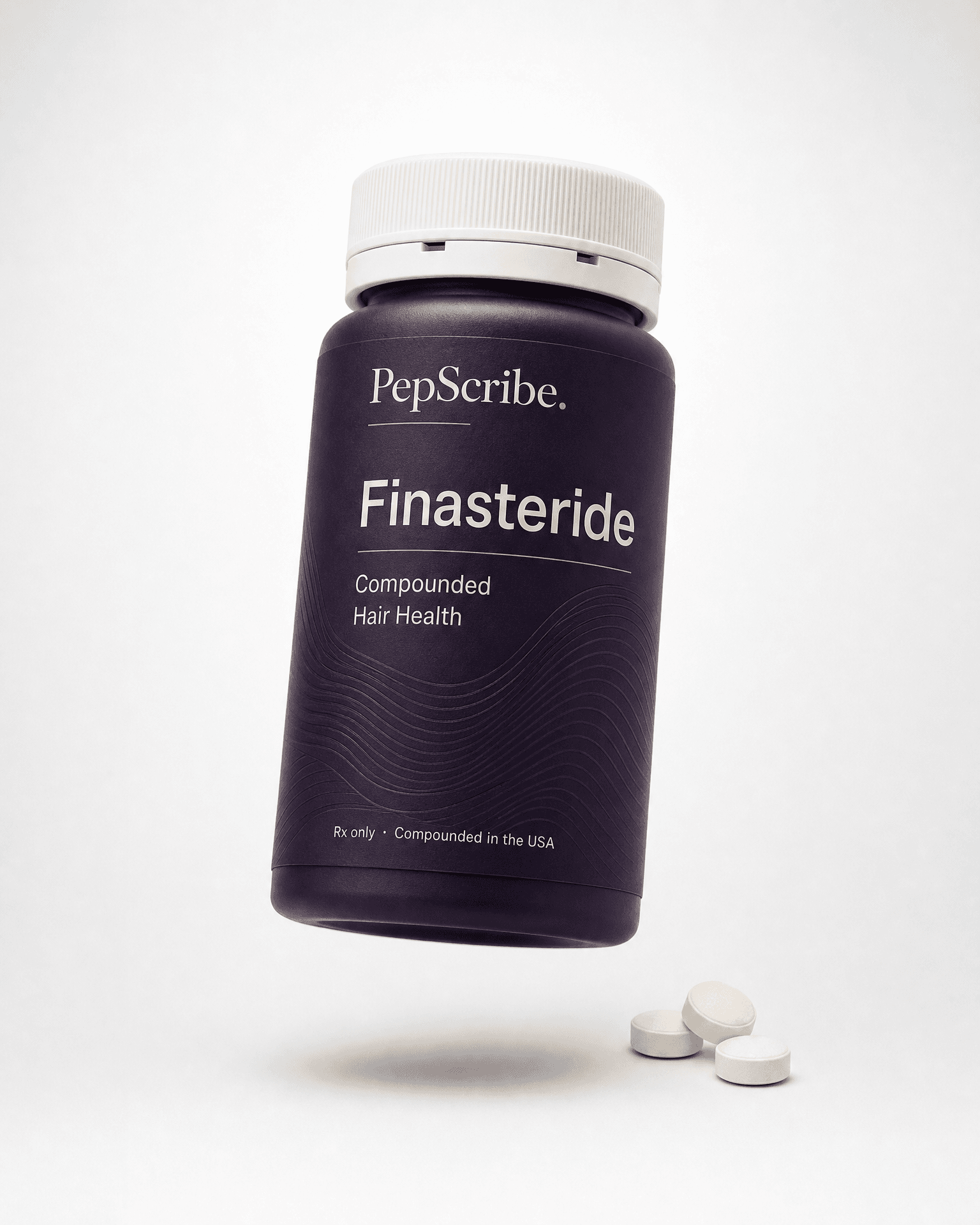 A PepScribe-branded finasteride tablet bottle, floating against a soft studio backdrop.