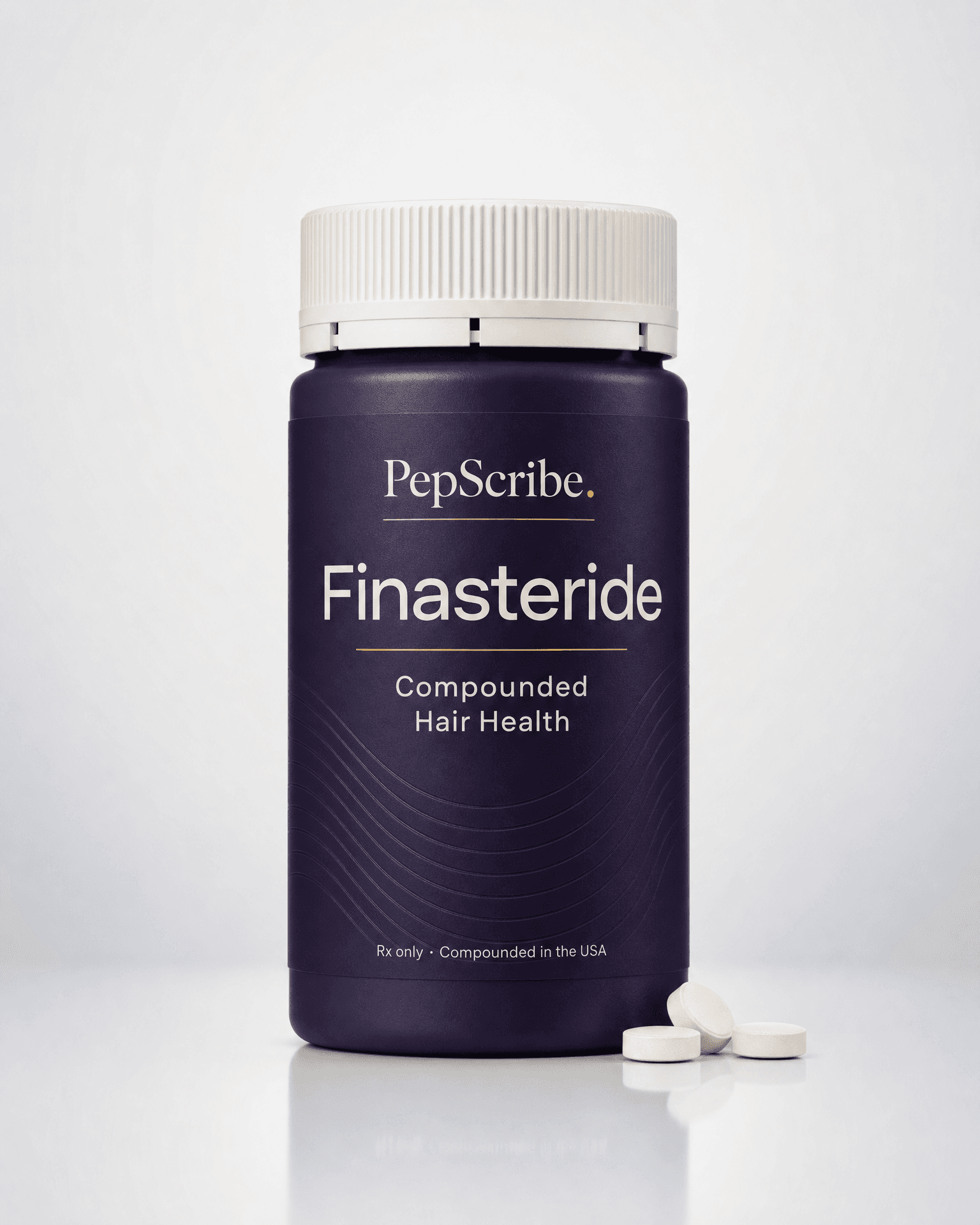 A PepScribe-branded finasteride tablet bottle, studio product photograph.