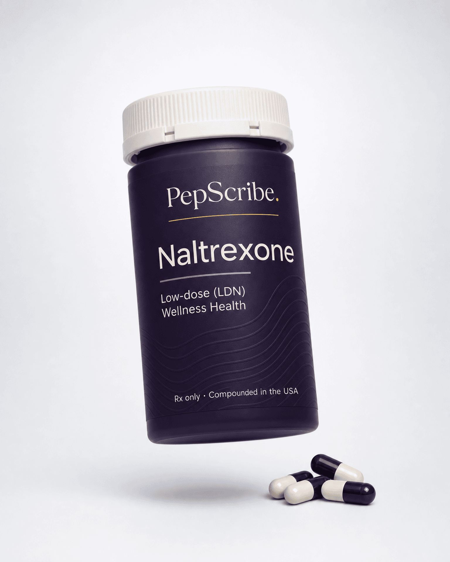 A PepScribe-branded low-dose naltrexone bottle, floating against a soft studio backdrop.