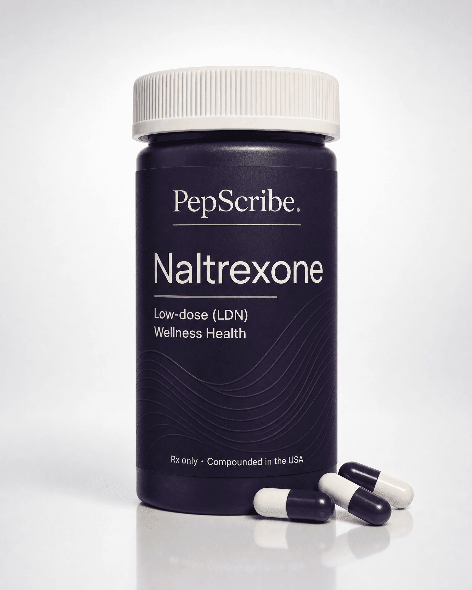 A PepScribe-branded low-dose naltrexone bottle, studio product photograph.