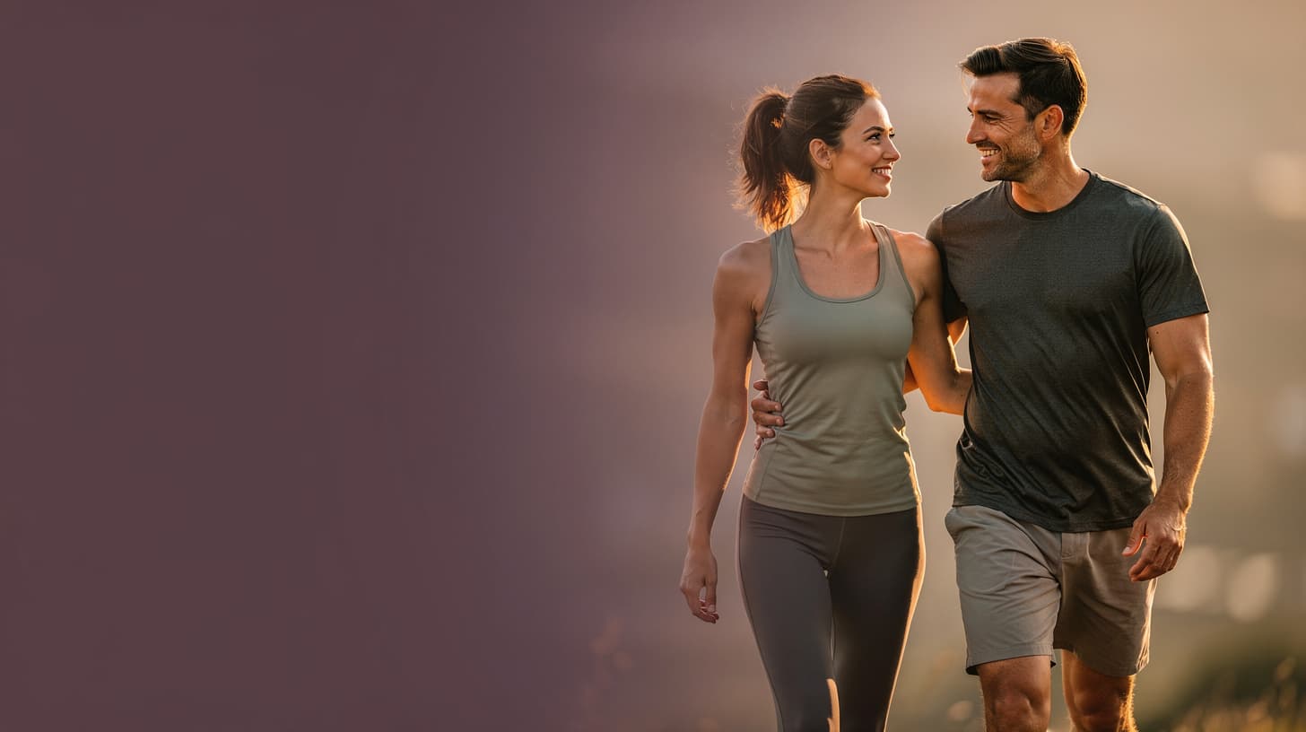 A man and woman walking together outdoors in soft golden light