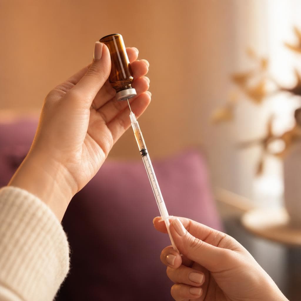 A hand drawing a dose from a small amber vial with a fine syringe, in warm light