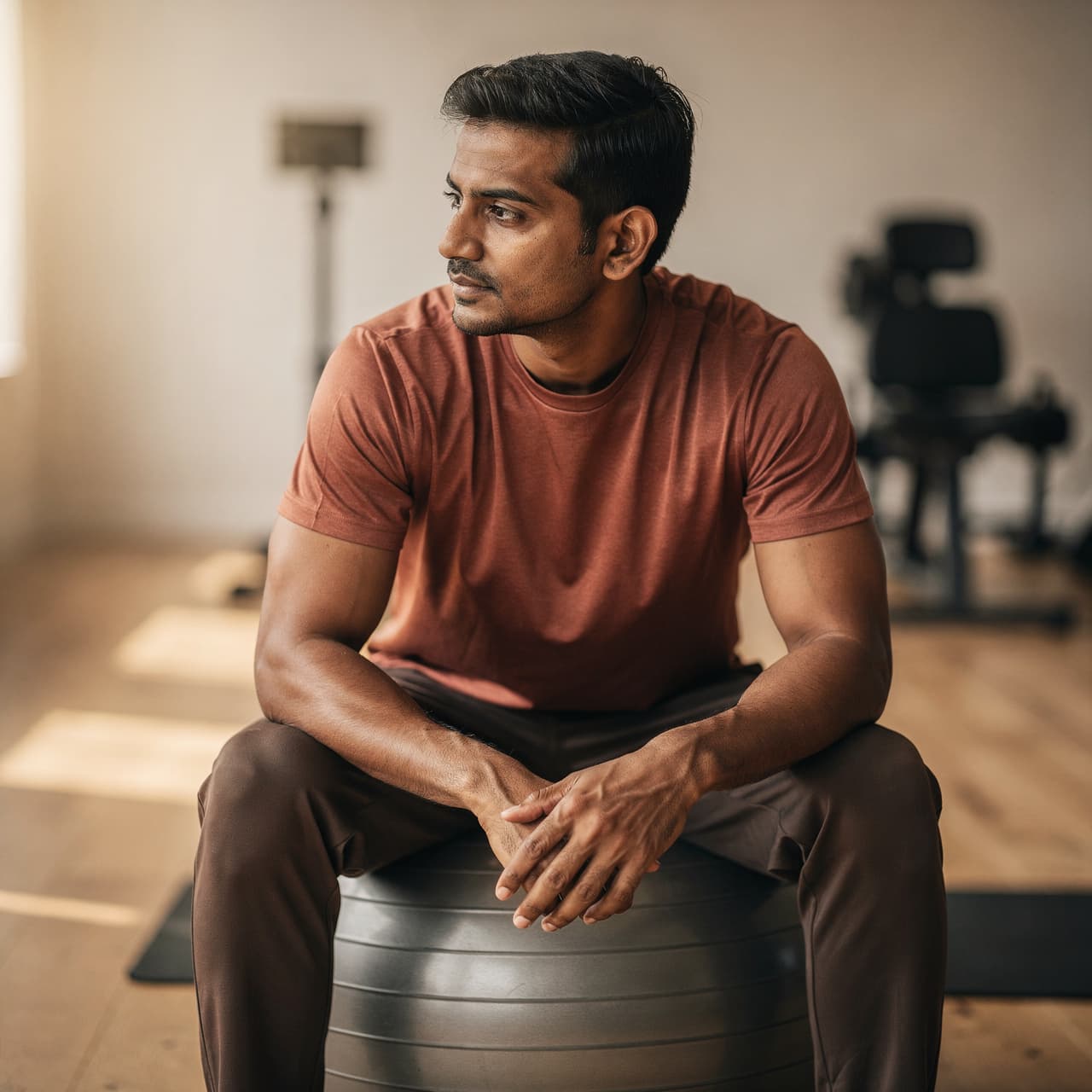 A fit man on a stability exercise ball in a warm gym, calm and contemplative
