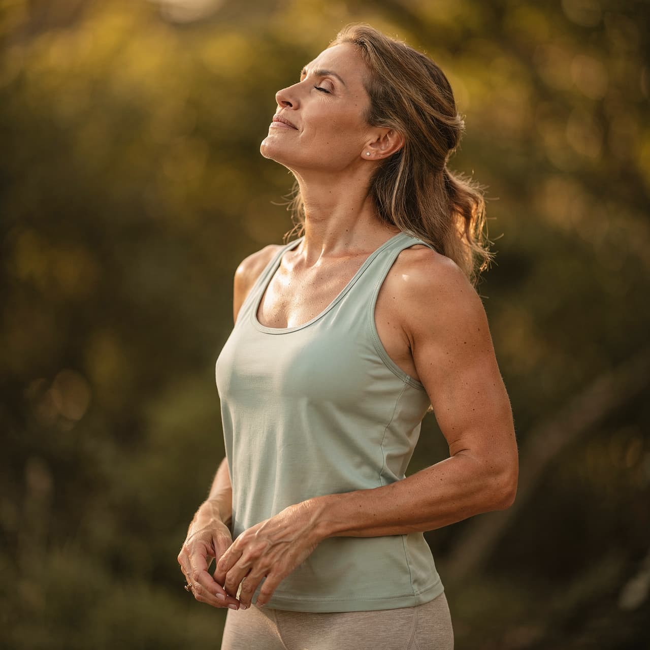 A woman outdoors, face tilted up to soft light with eyes closed, a calm breath