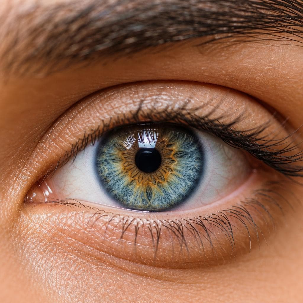 Extreme close-up of a human eye with a luminous blue-green iris