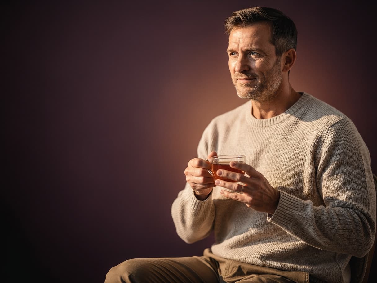 A man relaxed with a warm cup, calm and contemplative